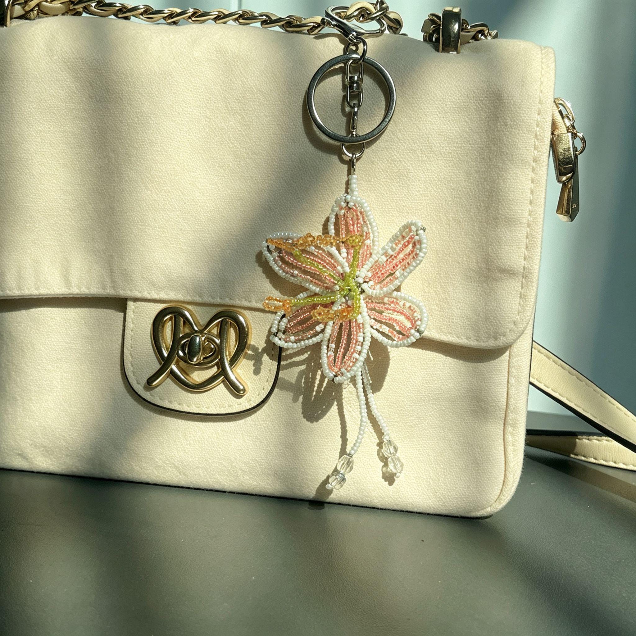Handmade 3D Beaded Lily Flower Keychain | White Pink Striped Petal Green Stem Amber Stamen Bag Charm