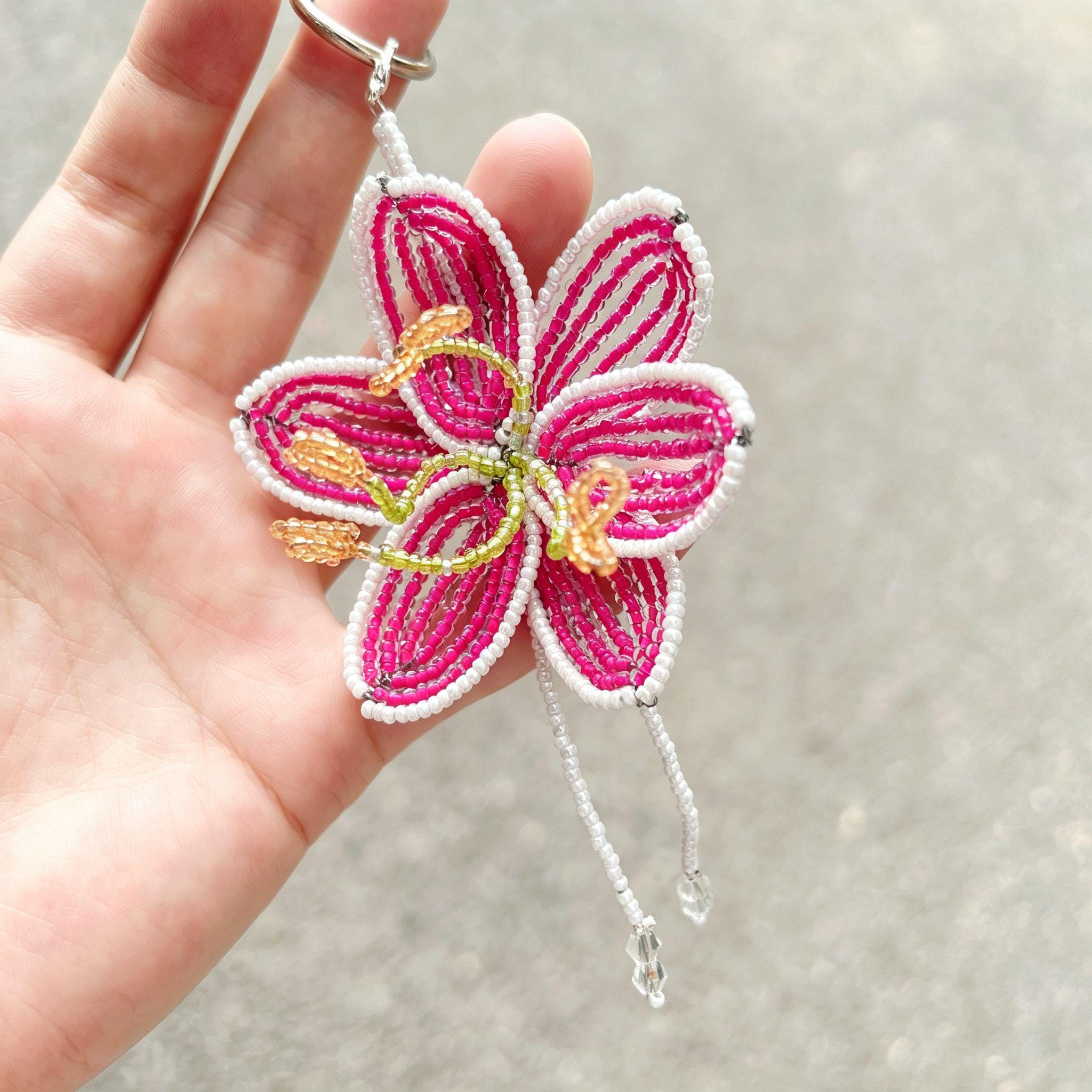 Handmade 3D Hot Pink & White Beaded Flower Bag Charm | Crystal Drop Tassel Keychain Fairycore Statement