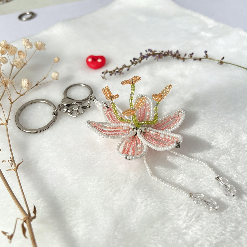 Handmade 3D Beaded Lily Flower Keychain | White Pink Striped Petal Green Stem Amber Stamen Bag Charm