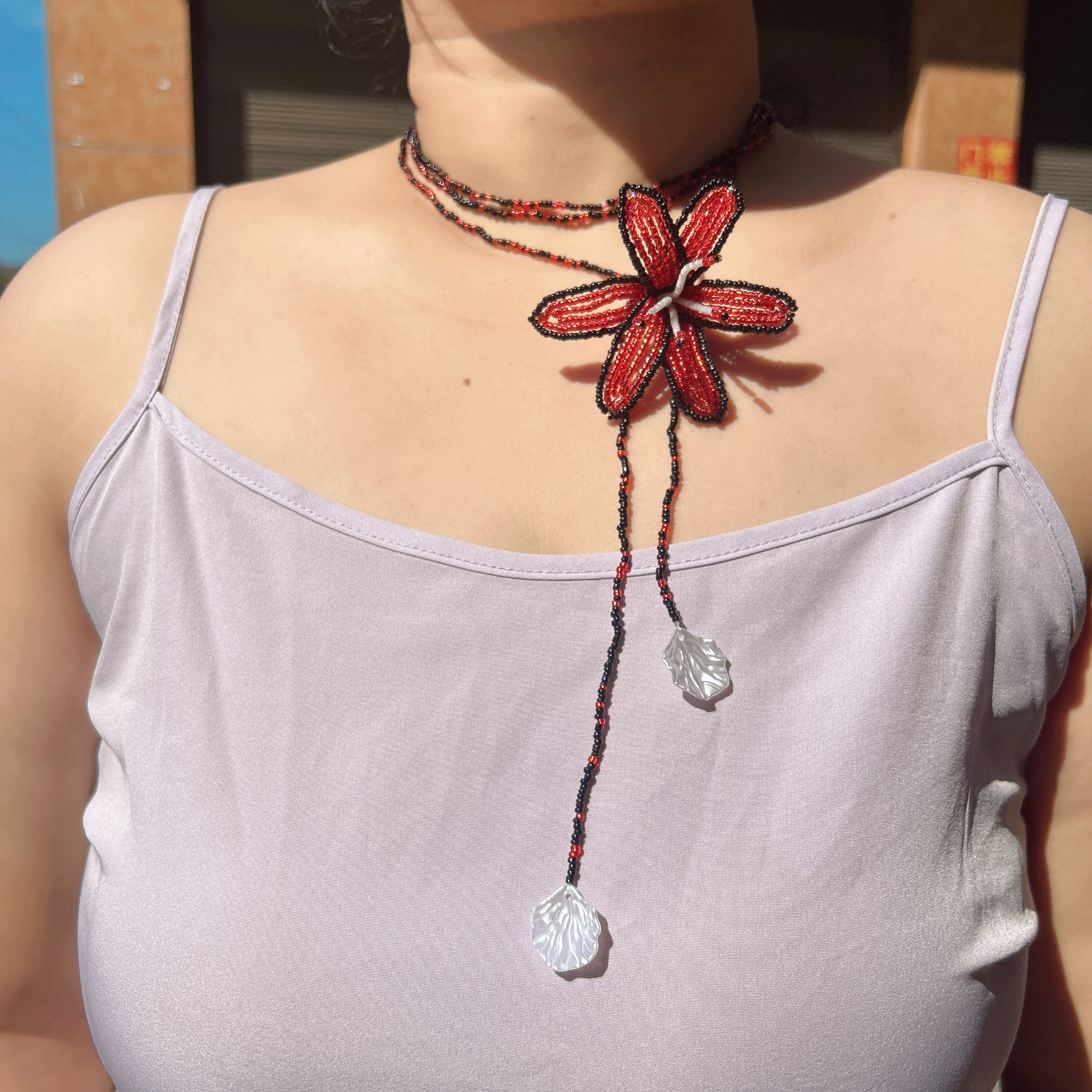 Handmade Red & Black 3D Beaded Lily Flower Lariat Necklace | Triple Shell Crystal Drop Statement
