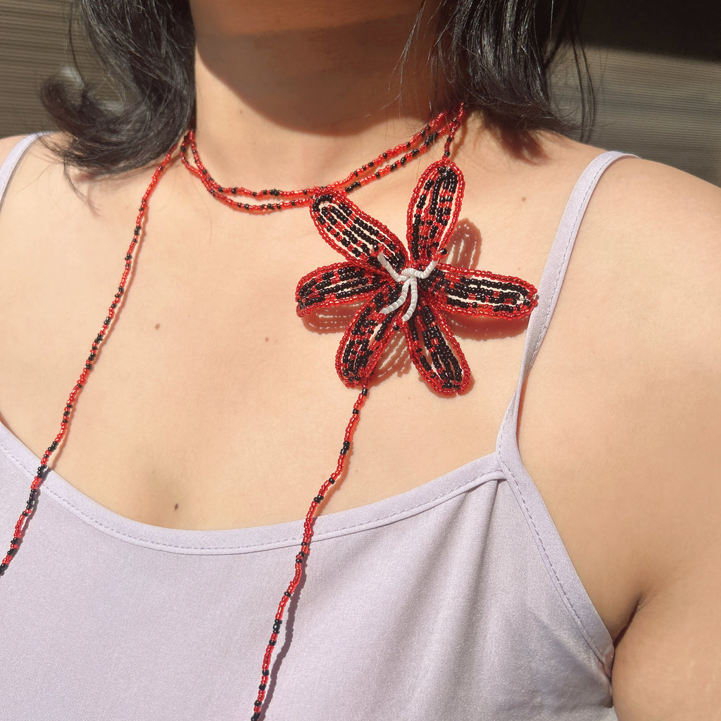 Handmade Red & Black 3D Beaded Lily Flower Lariat Necklace | Baroque Pearl Crystal Drop Avant-Garde