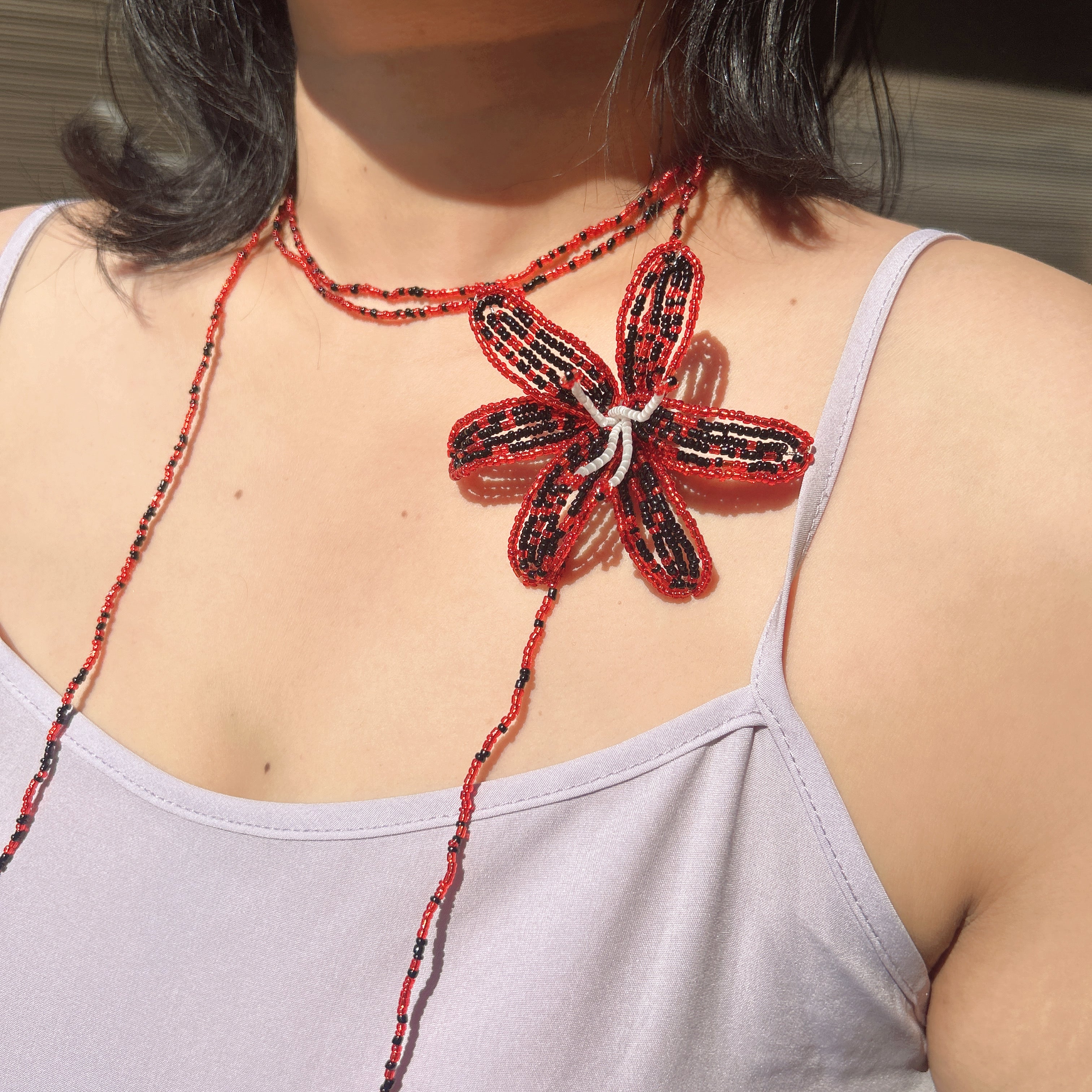 Handmade Red & Black 3D Beaded Lily Flower Lariat Necklace | Baroque Pearl Crystal Drop Avant-Garde