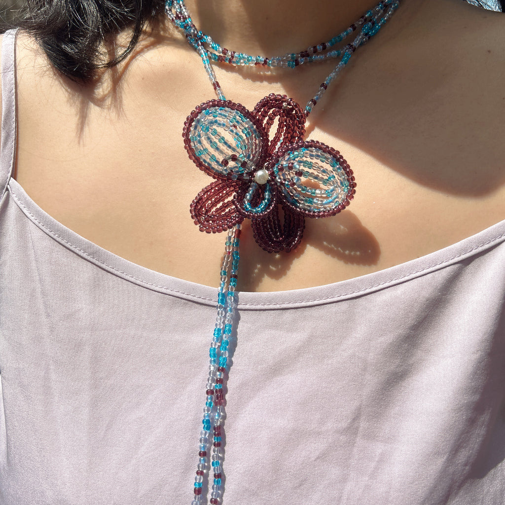 Handmade 3D Four-Petal Beaded Flower Lariat Necklace | Teal Brown Seed Bead Wearable Art