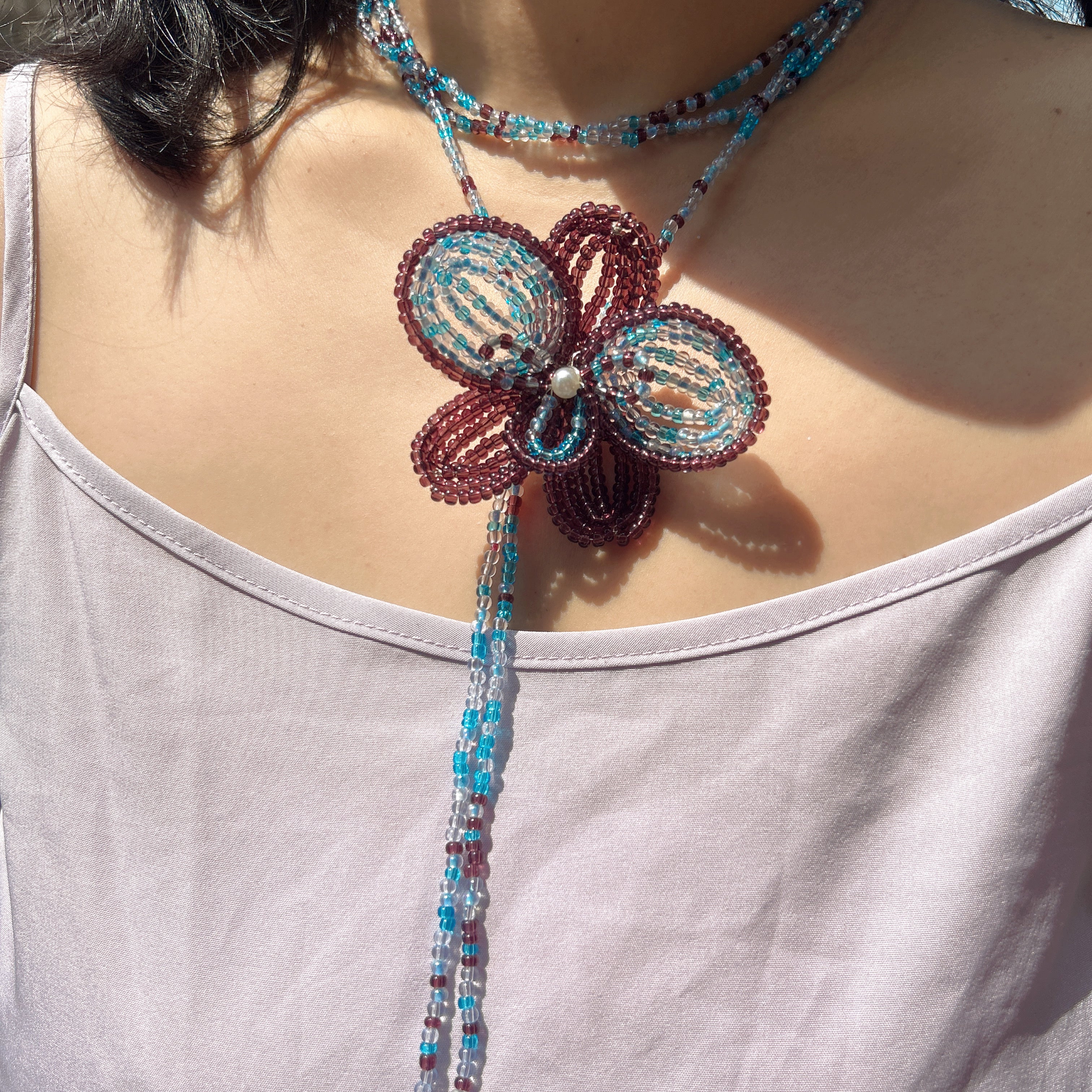Handmade 3D Four-Petal Beaded Flower Lariat Necklace | Teal Brown Seed Bead Wearable Art