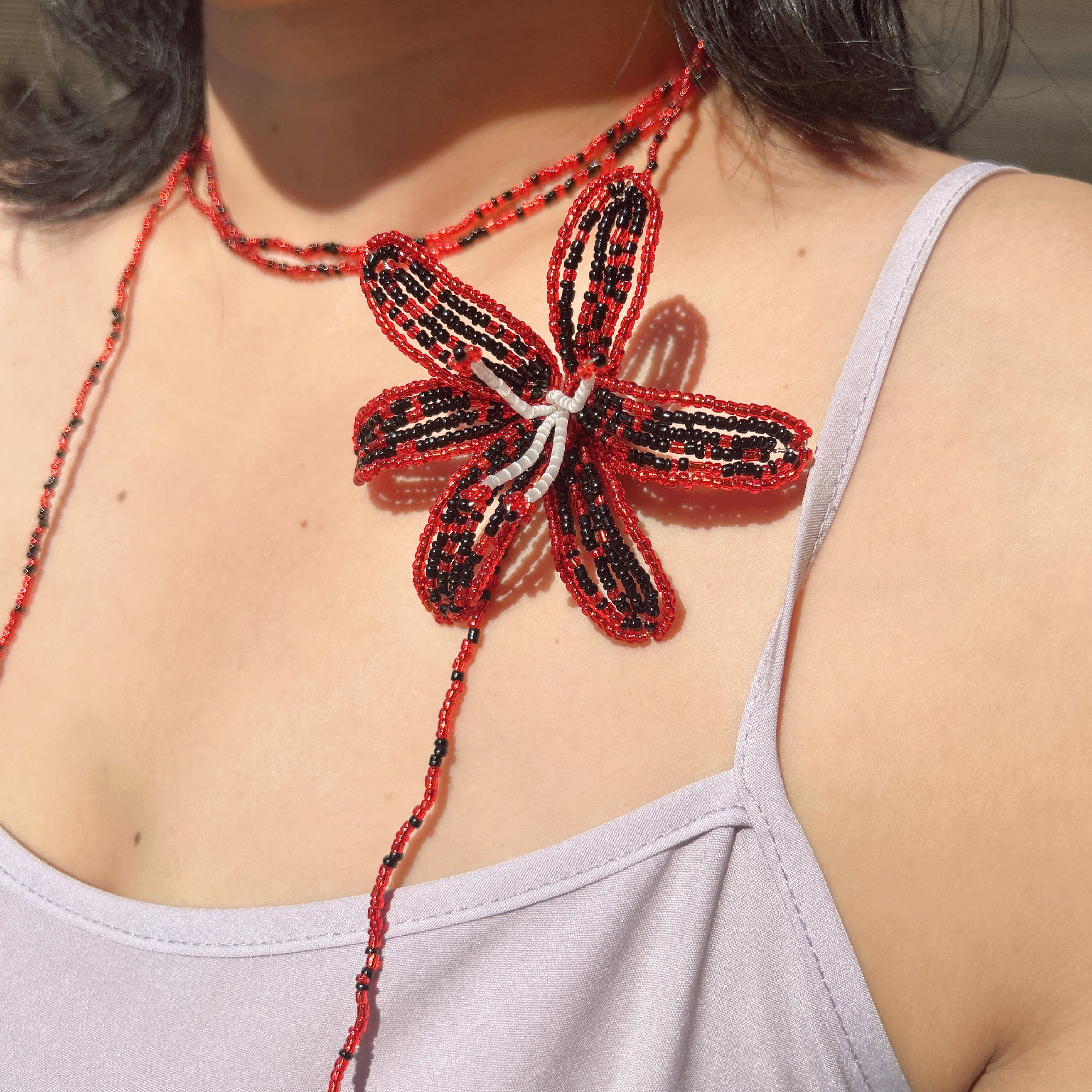 Handmade Red & Black 3D Beaded Lily Flower Lariat Necklace | Baroque Pearl Crystal Drop Avant-Garde