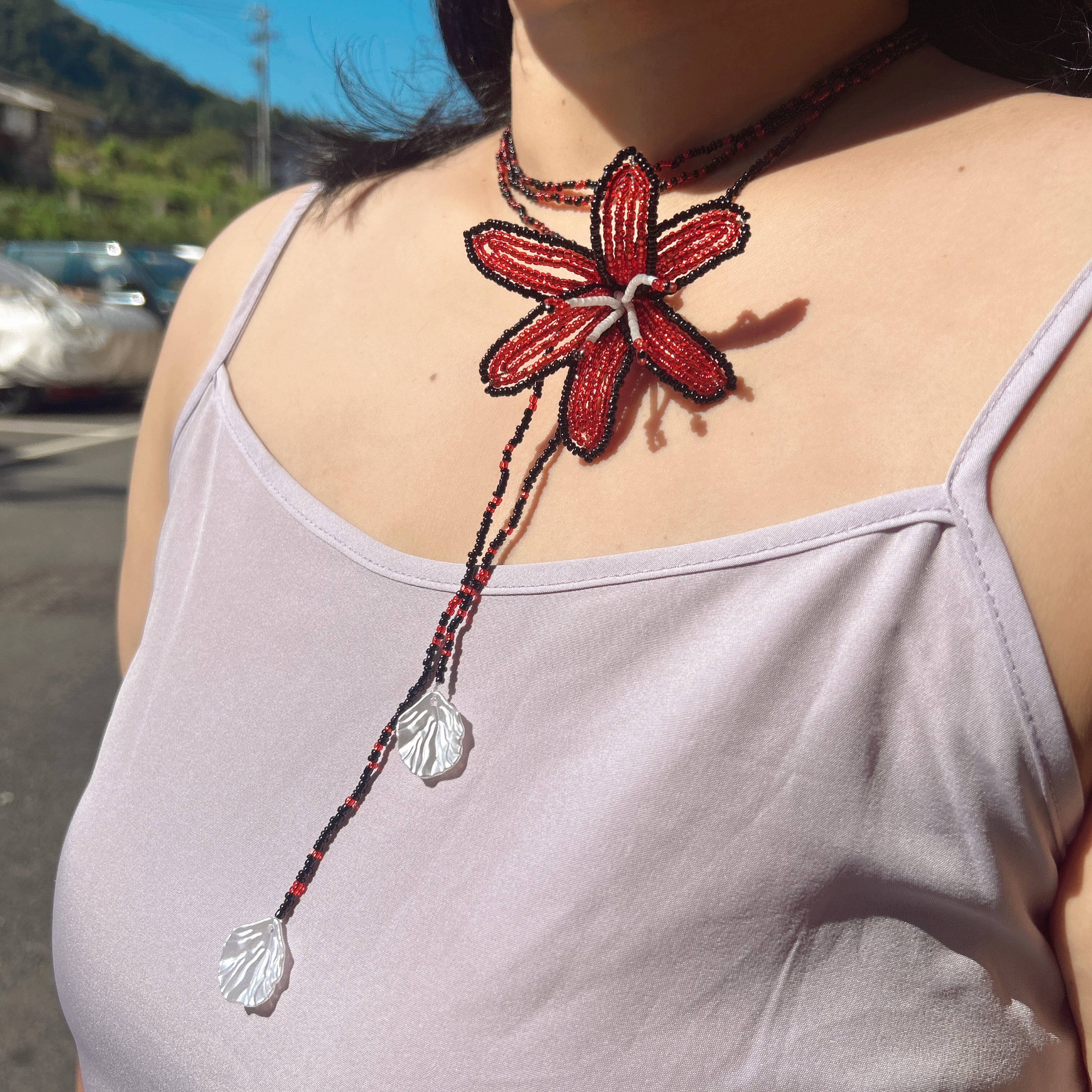 Handmade Red & Black 3D Beaded Lily Flower Lariat Necklace | Triple Shell Crystal Drop Statement