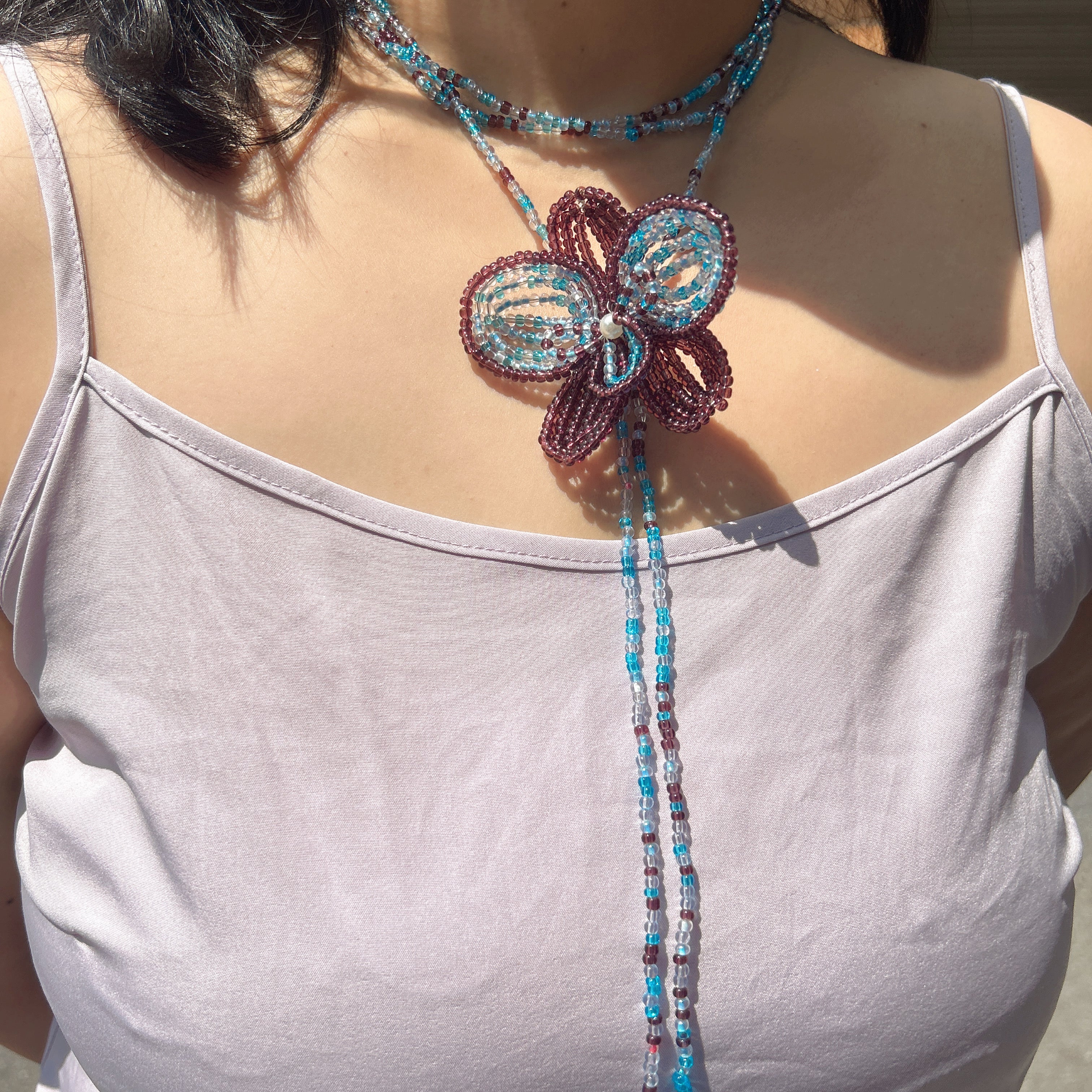 Handmade 3D Four-Petal Beaded Flower Lariat Necklace | Teal Brown Seed Bead Wearable Art