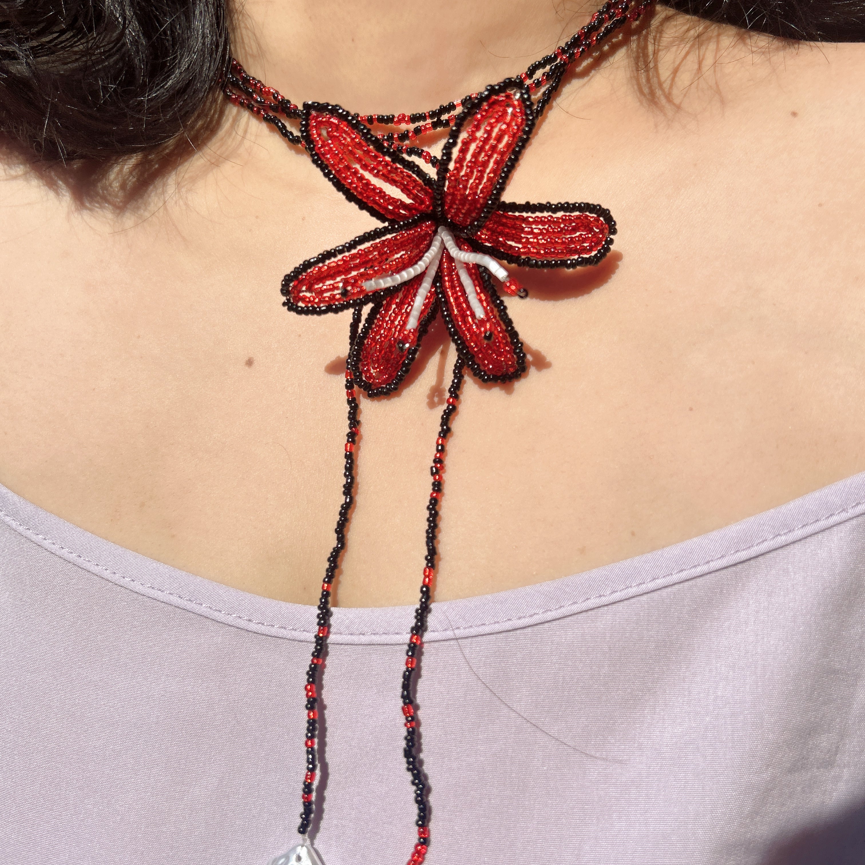 Handmade Red & Black 3D Beaded Lily Flower Lariat Necklace | Triple Shell Crystal Drop Statement