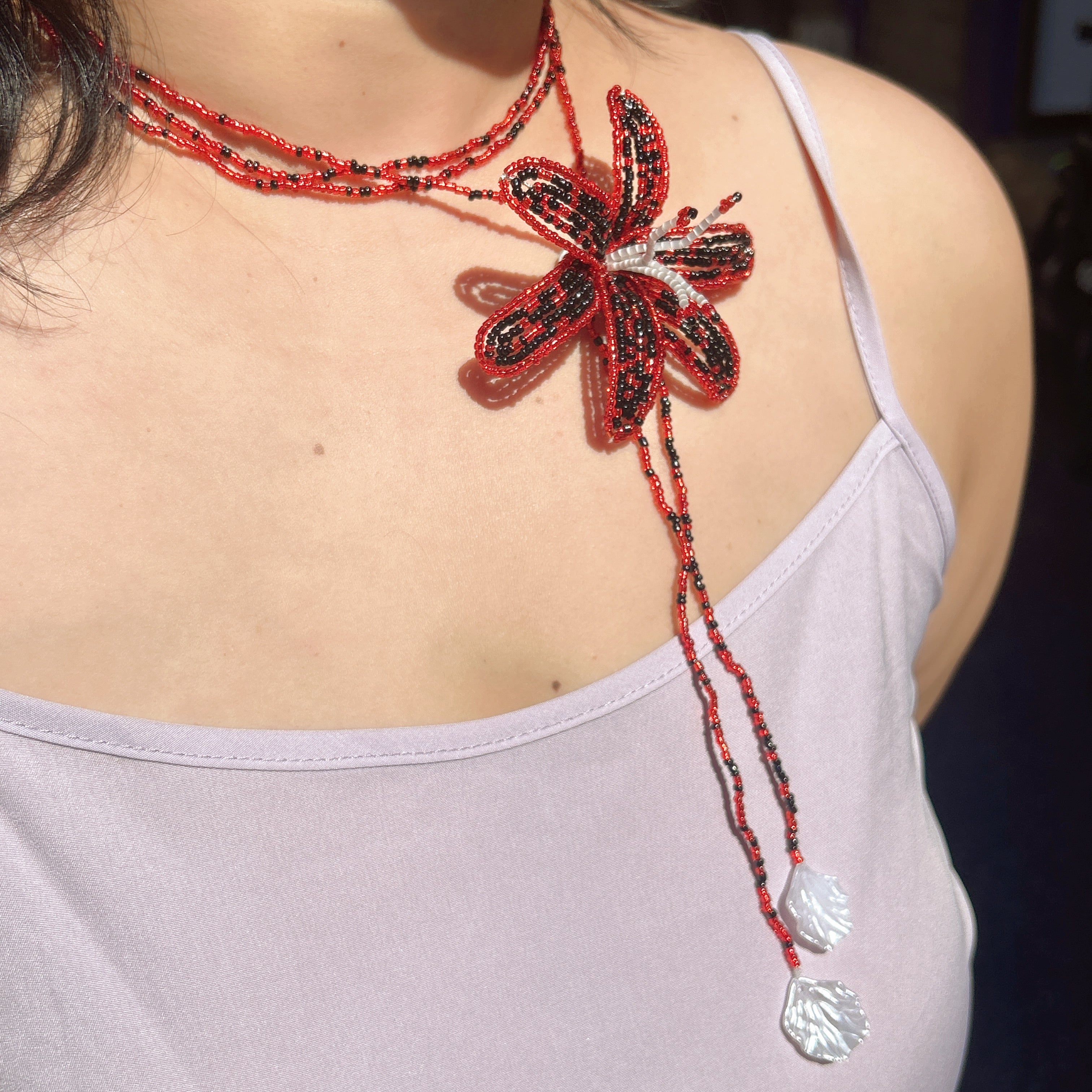 Handmade Red & Black 3D Beaded Lily Flower Lariat Necklace | Baroque Pearl Crystal Drop Avant-Garde