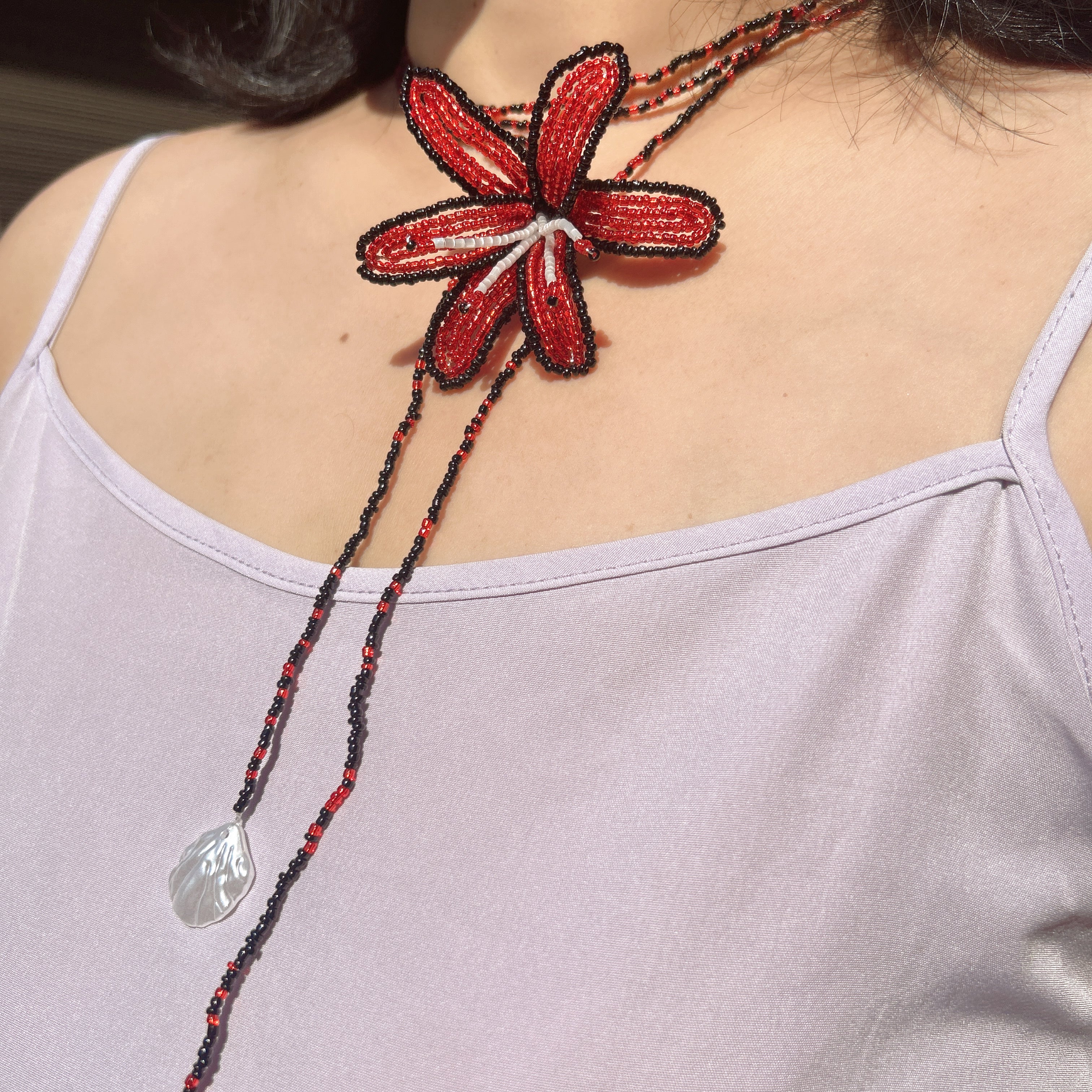 Handmade Red & Black 3D Beaded Lily Flower Lariat Necklace | Triple Shell Crystal Drop Statement