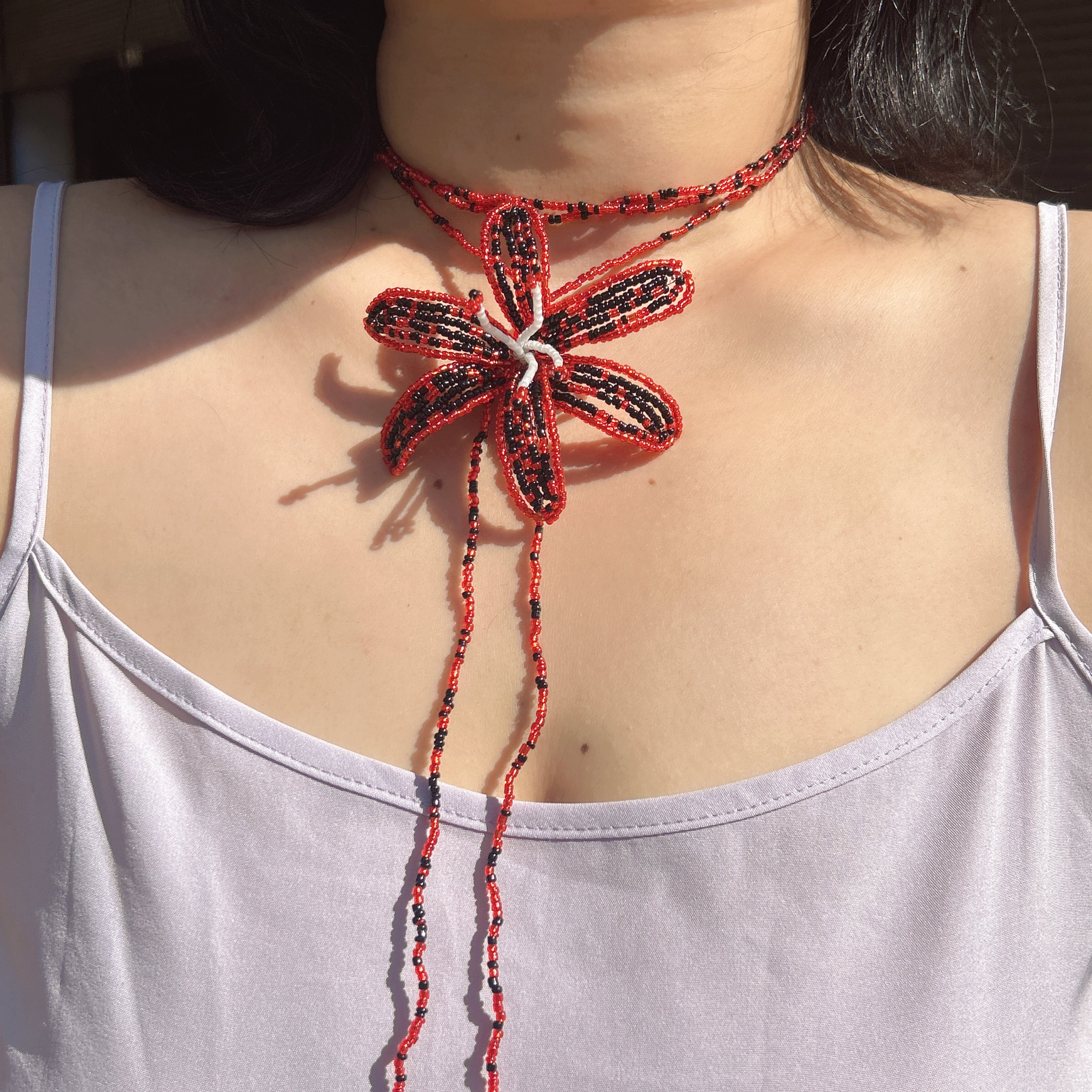 Handmade Red & Black 3D Beaded Lily Flower Lariat Necklace | Baroque Pearl Crystal Drop Avant-Garde
