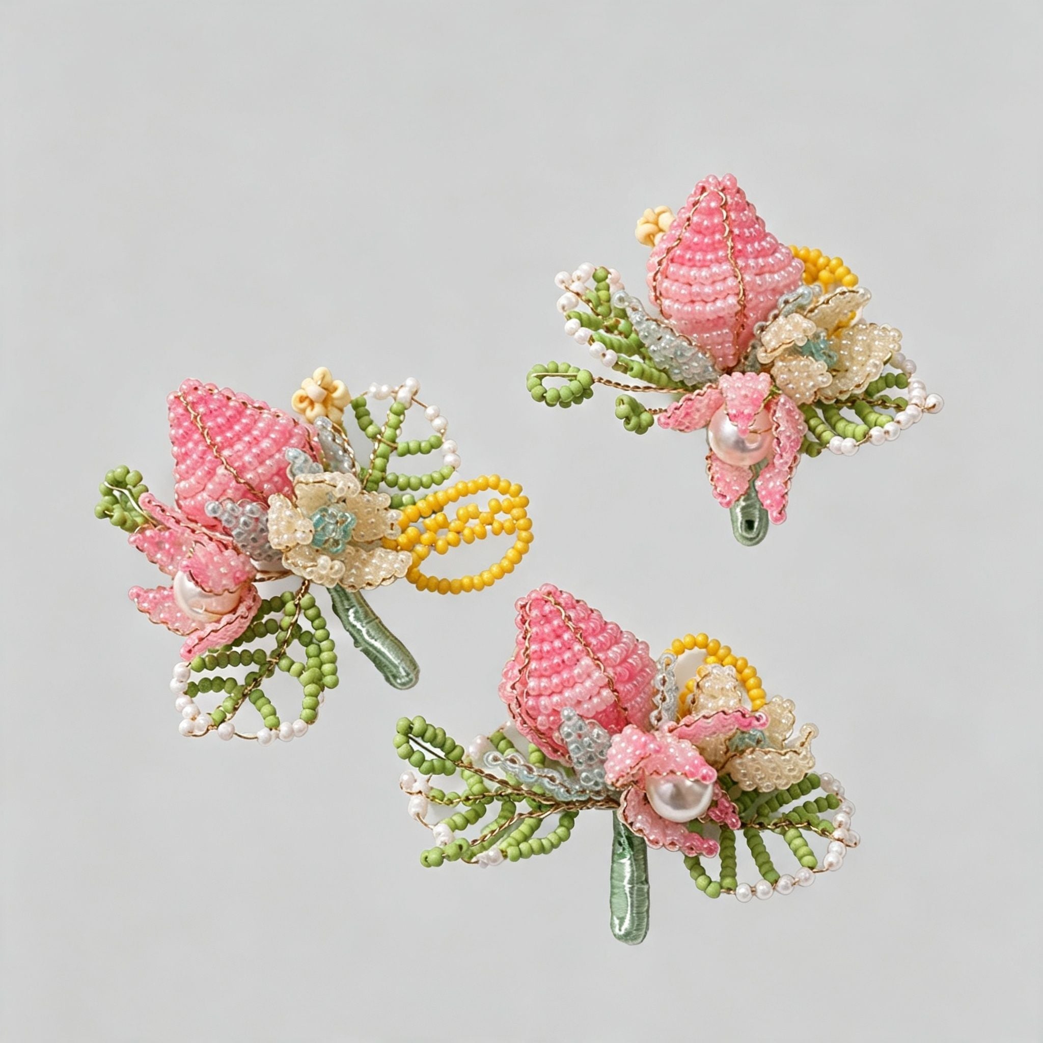 Handmade 3D Beaded Flower Bouquet Charm | DIY Keychain Necklace Pendant Pink Green Pearl Fairycore