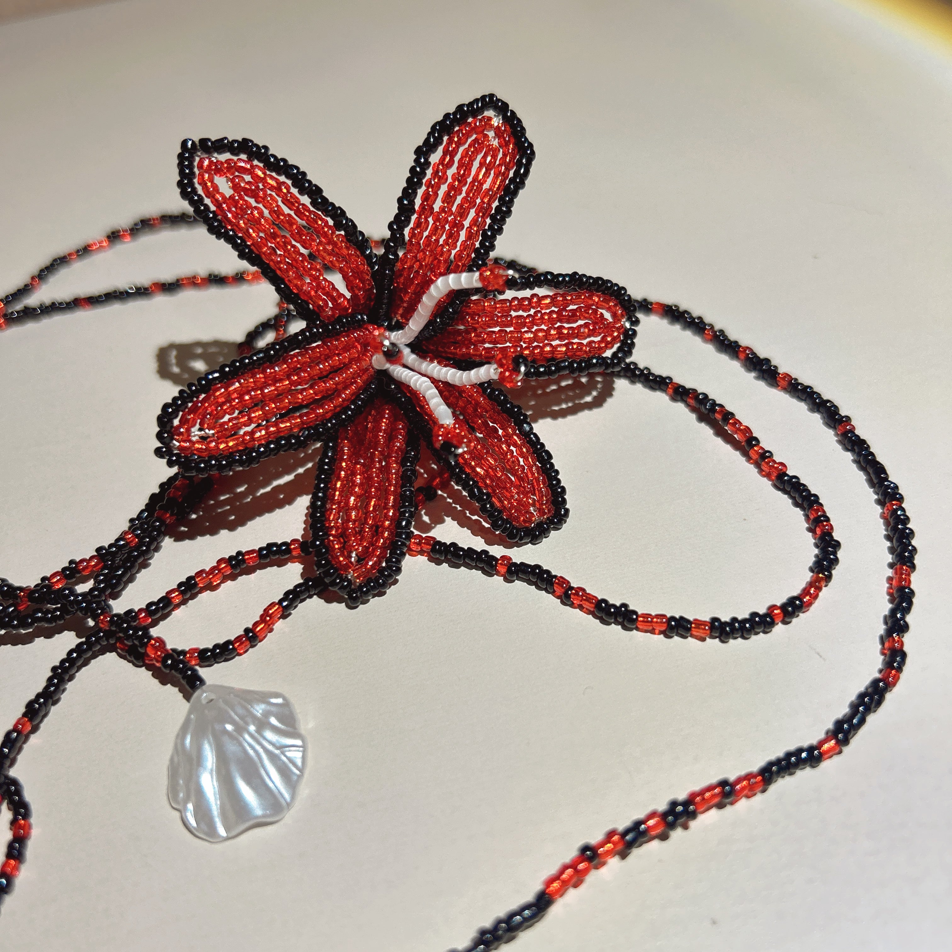Handmade Red & Black 3D Beaded Lily Flower Lariat Necklace | Triple Shell Crystal Drop Statement