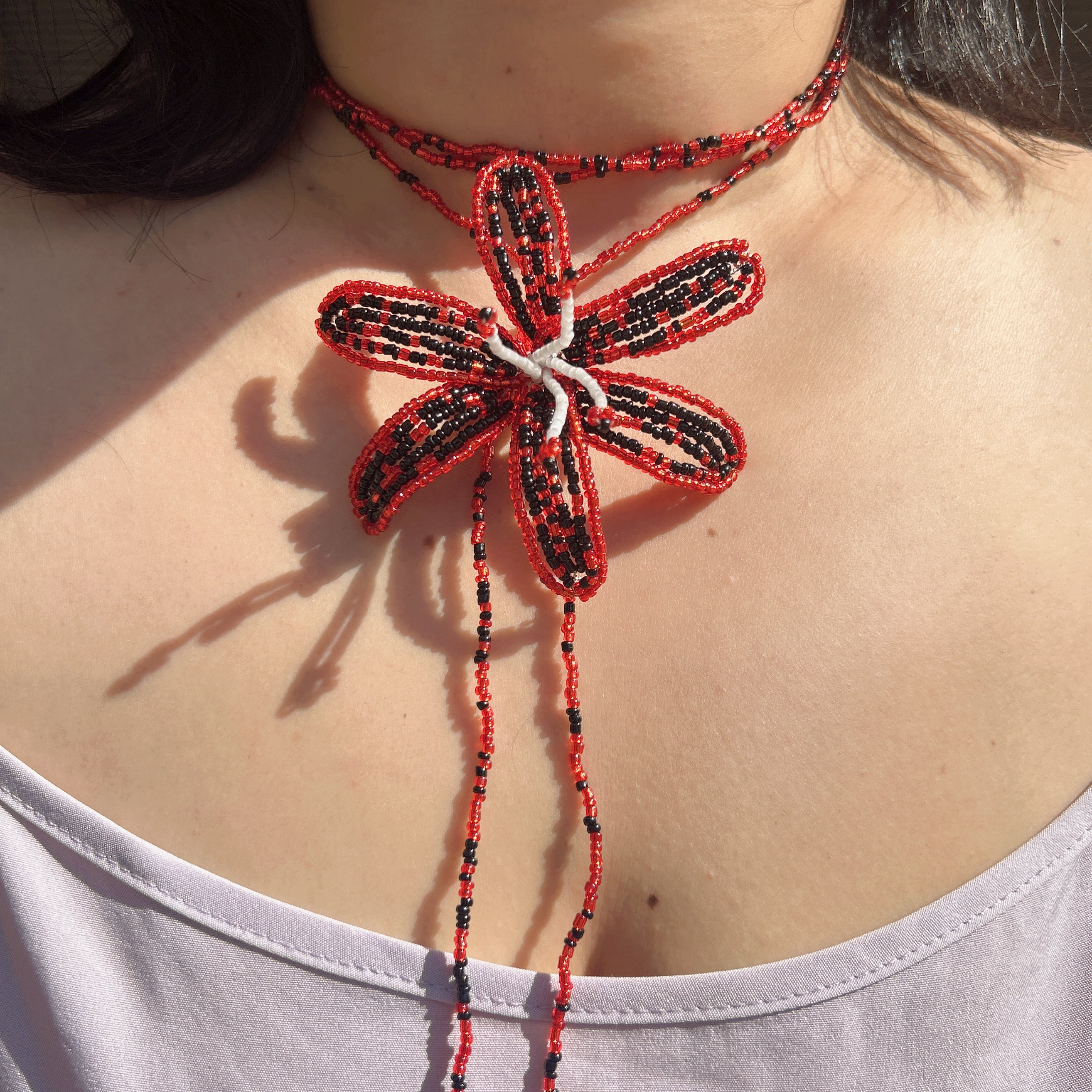 Handmade Red & Black 3D Beaded Lily Flower Lariat Necklace | Baroque Pearl Crystal Drop Avant-Garde
