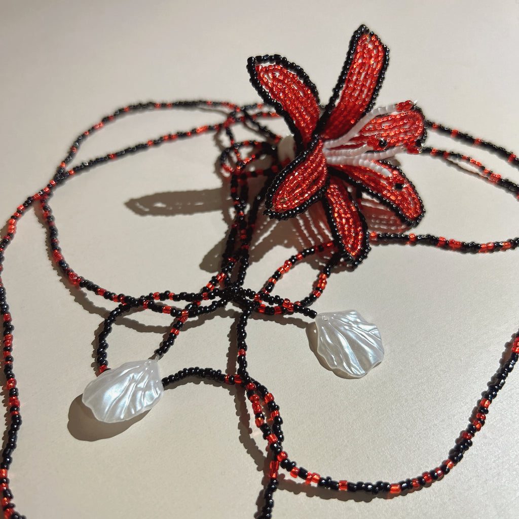 Handmade Red & Black 3D Beaded Lily Flower Lariat Necklace | Triple Shell Crystal Drop Statement
