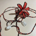 Handmade Red & Black 3D Beaded Lily Flower Lariat Necklace | Triple Shell Crystal Drop Statement