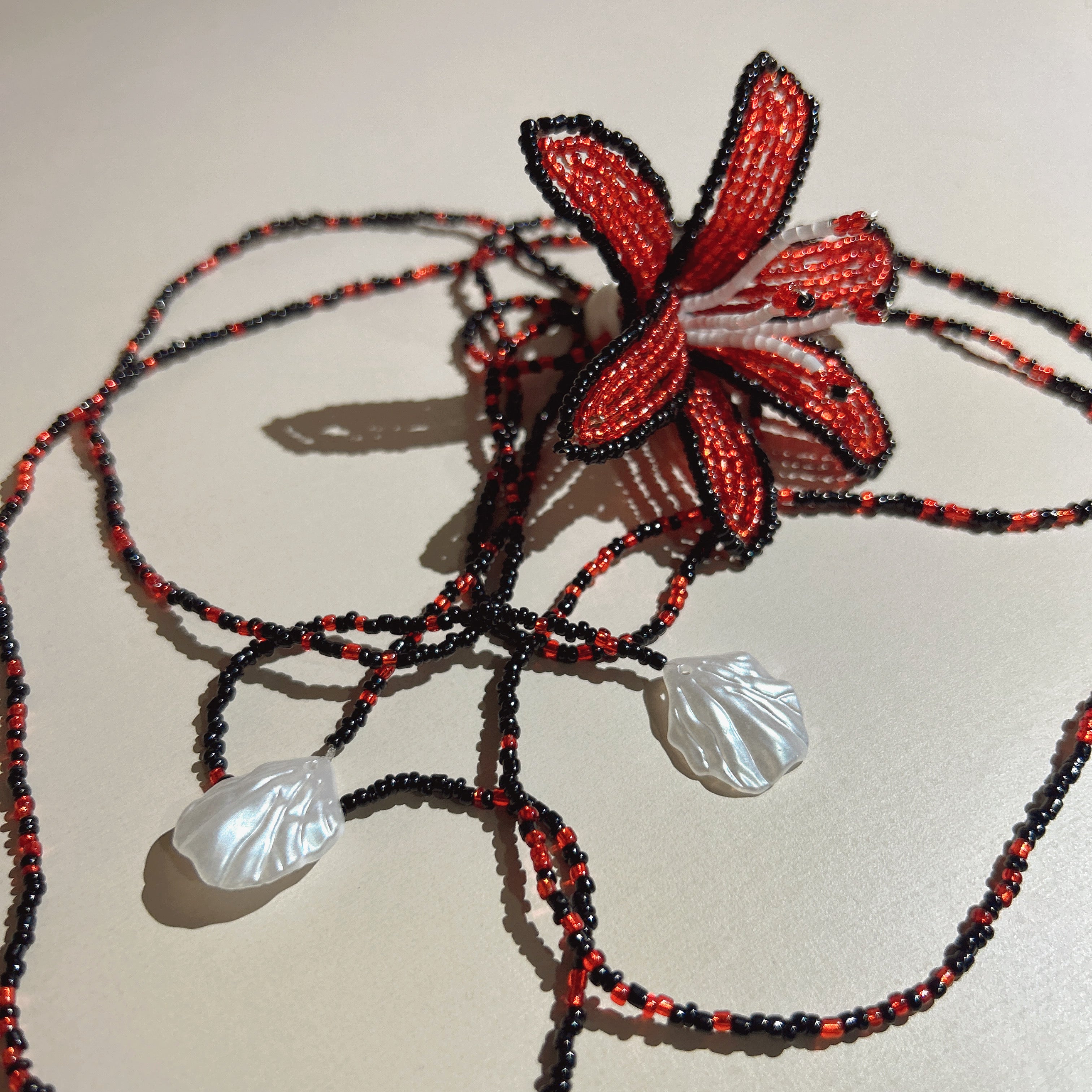 Handmade Red & Black 3D Beaded Lily Flower Lariat Necklace | Triple Shell Crystal Drop Statement