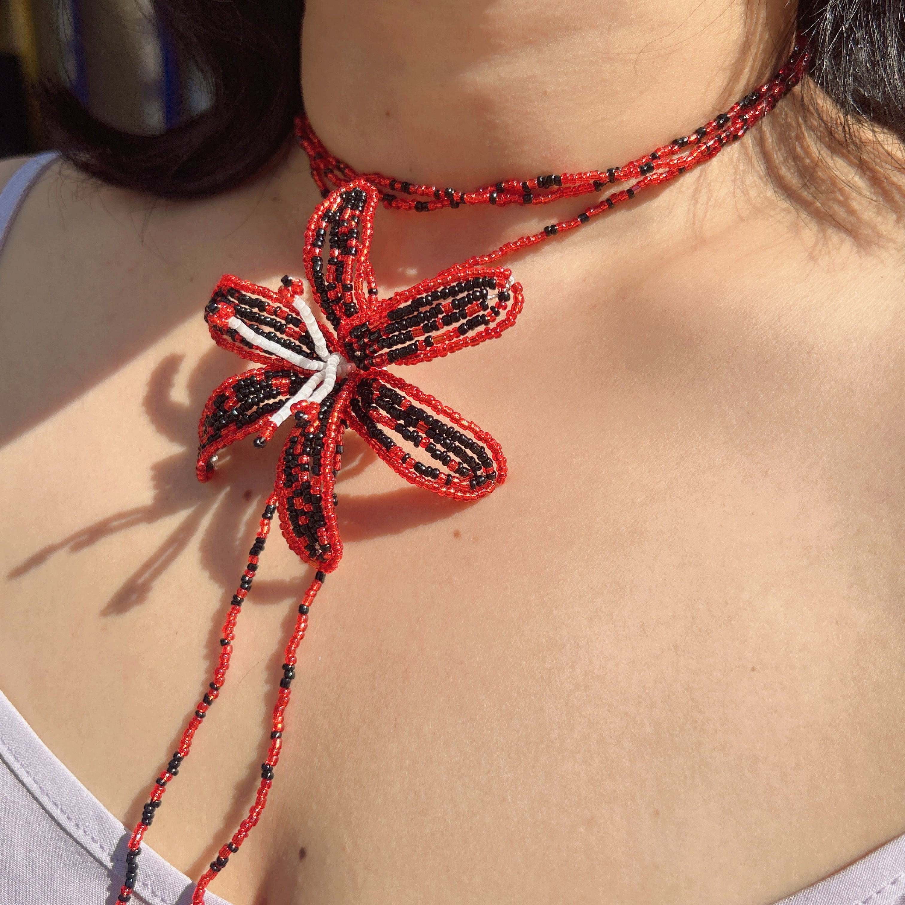 Handmade Red & Black 3D Beaded Lily Flower Lariat Necklace | Baroque Pearl Crystal Drop Avant-Garde