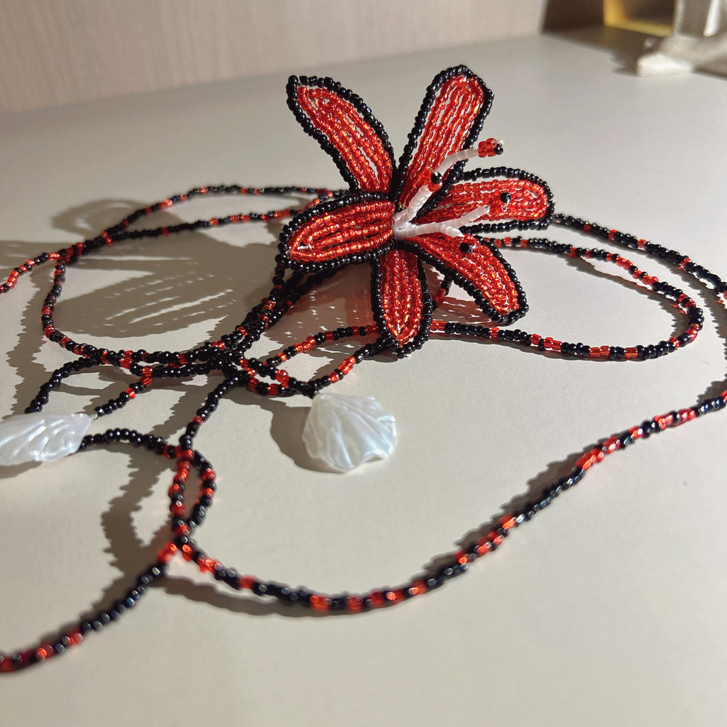 Handmade Red & Black 3D Beaded Lily Flower Lariat Necklace | Triple Shell Crystal Drop Statement