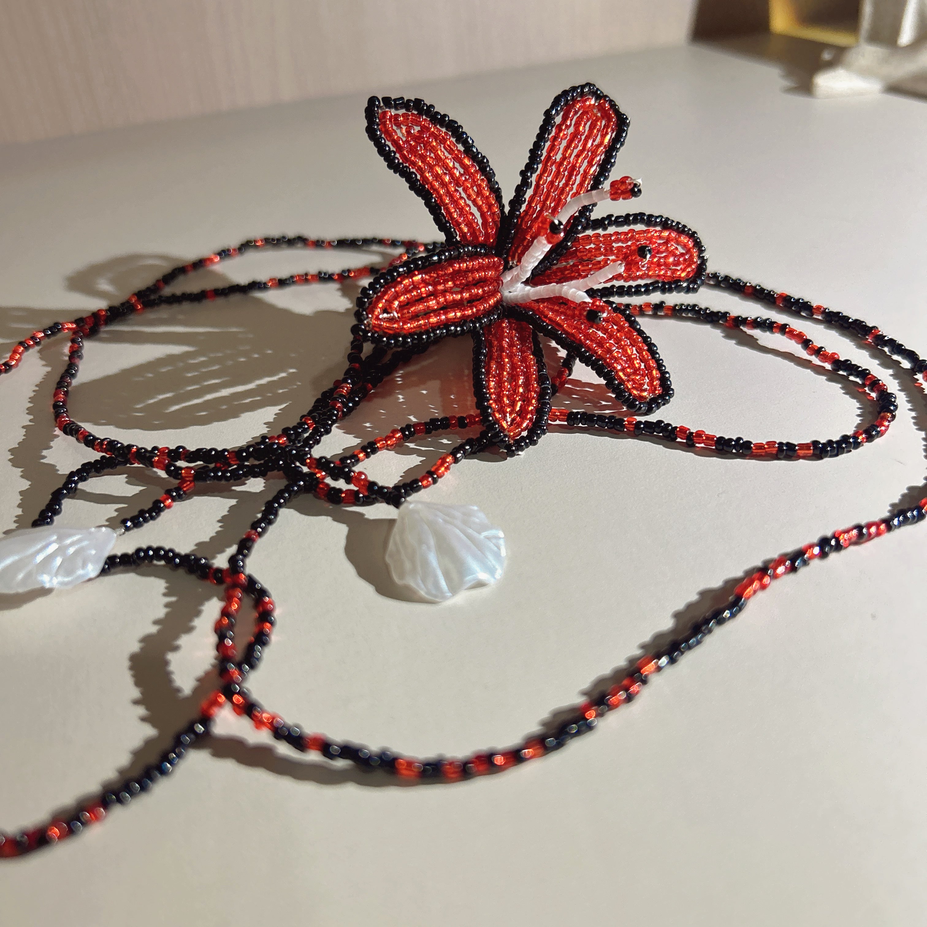 Handmade Red & Black 3D Beaded Lily Flower Lariat Necklace | Triple Shell Crystal Drop Statement