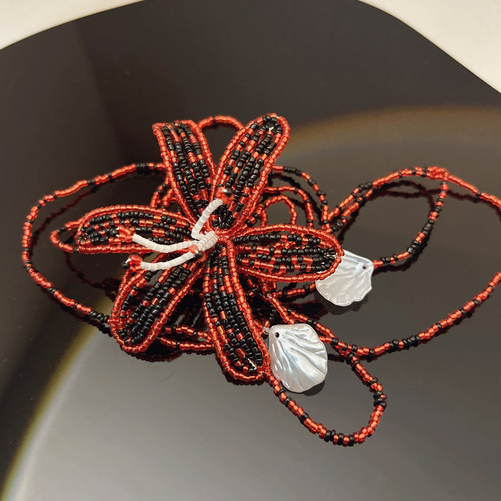 Handmade Red & Black 3D Beaded Lily Flower Lariat Necklace | Baroque Pearl Crystal Drop Avant-Garde