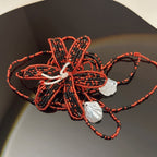Handmade Red & Black 3D Beaded Lily Flower Lariat Necklace | Baroque Pearl Crystal Drop Avant-Garde