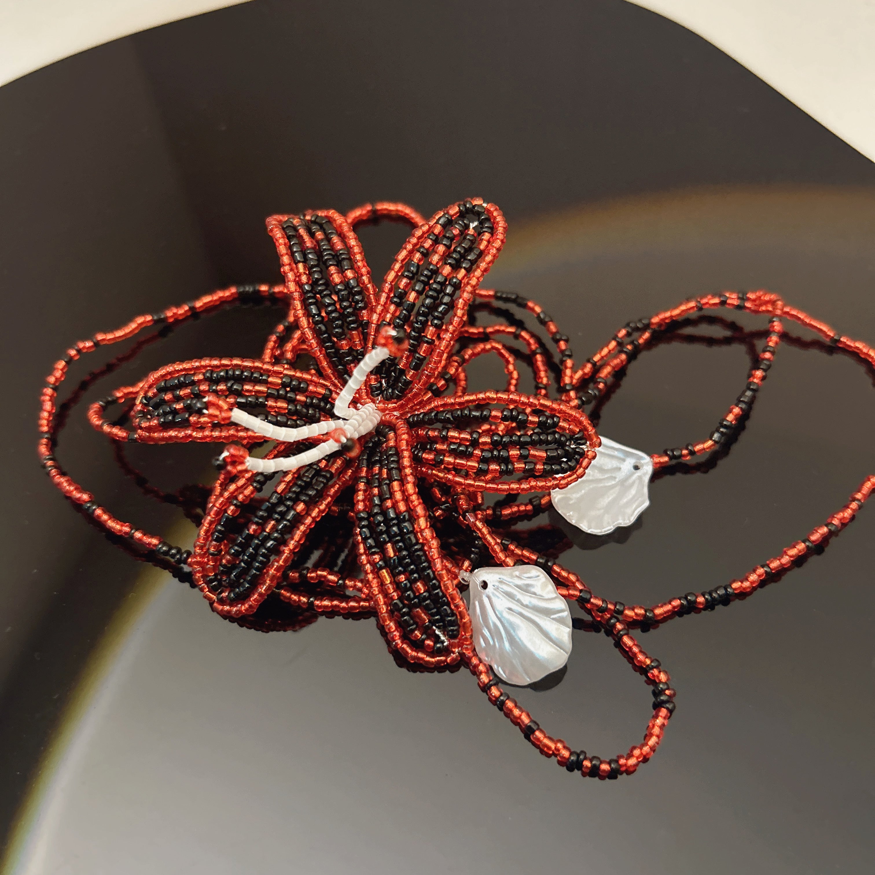 Handmade Red & Black 3D Beaded Lily Flower Lariat Necklace | Baroque Pearl Crystal Drop Avant-Garde