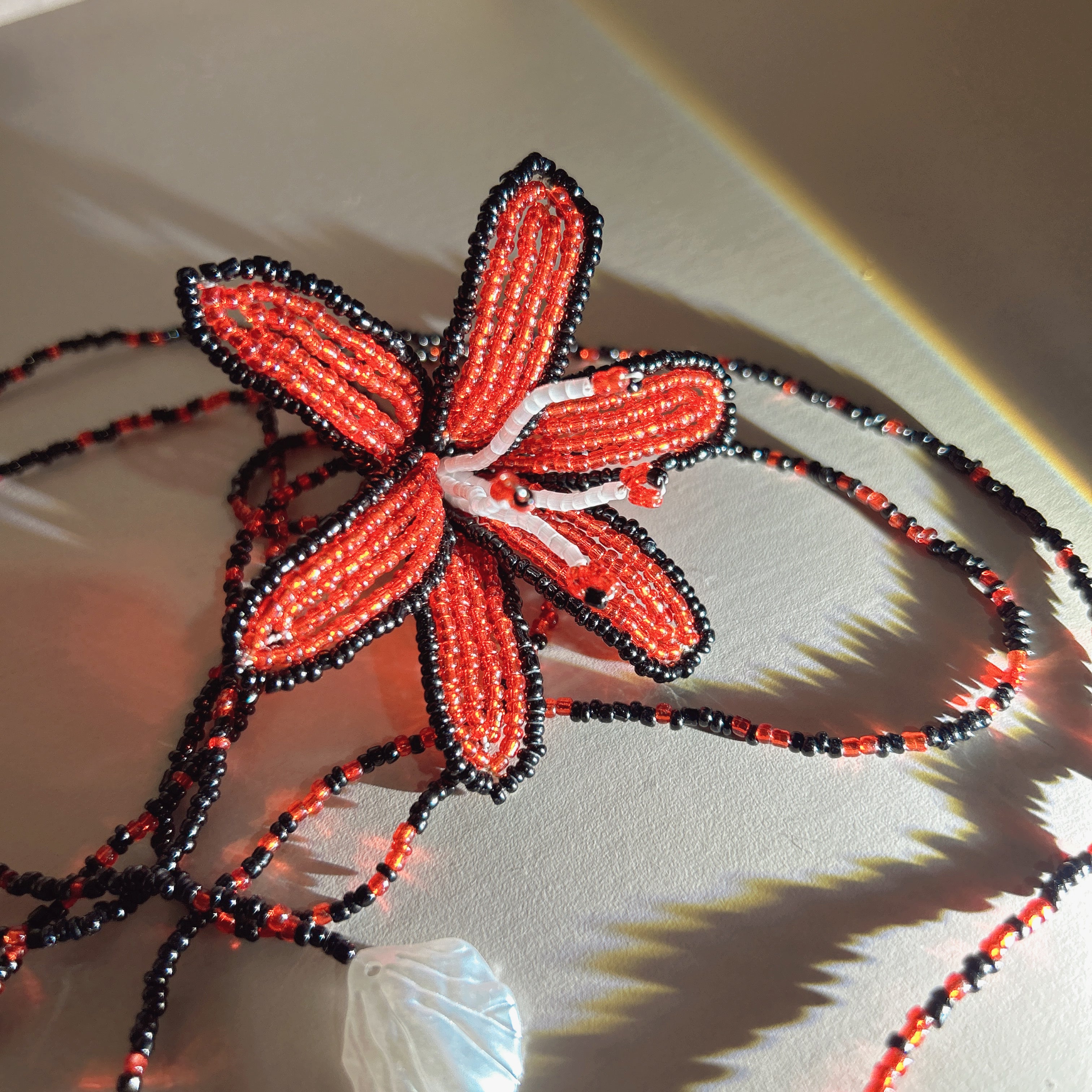 Handmade Red & Black 3D Beaded Lily Flower Lariat Necklace | Triple Shell Crystal Drop Statement