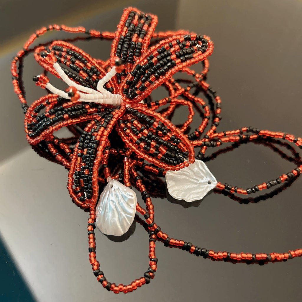 Handmade Red & Black 3D Beaded Lily Flower Lariat Necklace | Baroque Pearl Crystal Drop Avant-Garde
