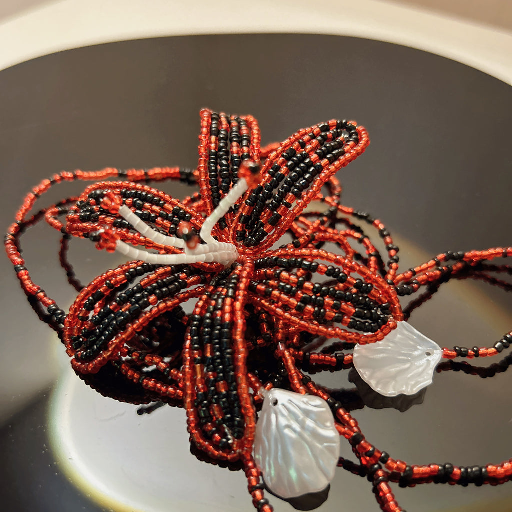 Handmade Red & Black 3D Beaded Lily Flower Lariat Necklace | Baroque Pearl Crystal Drop Avant-Garde