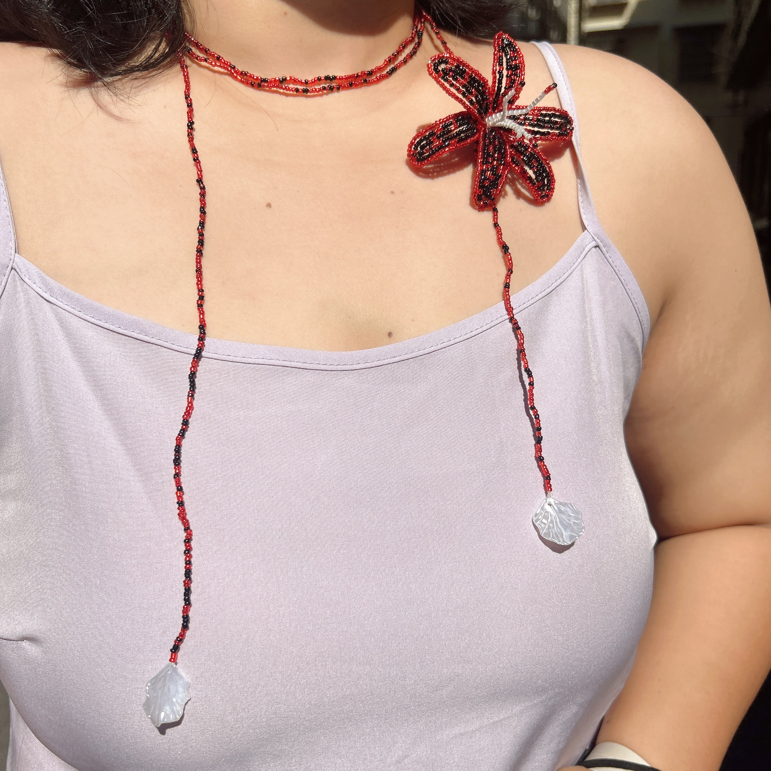 Handmade Red & Black 3D Beaded Lily Flower Lariat Necklace | Baroque Pearl Crystal Drop Avant-Garde