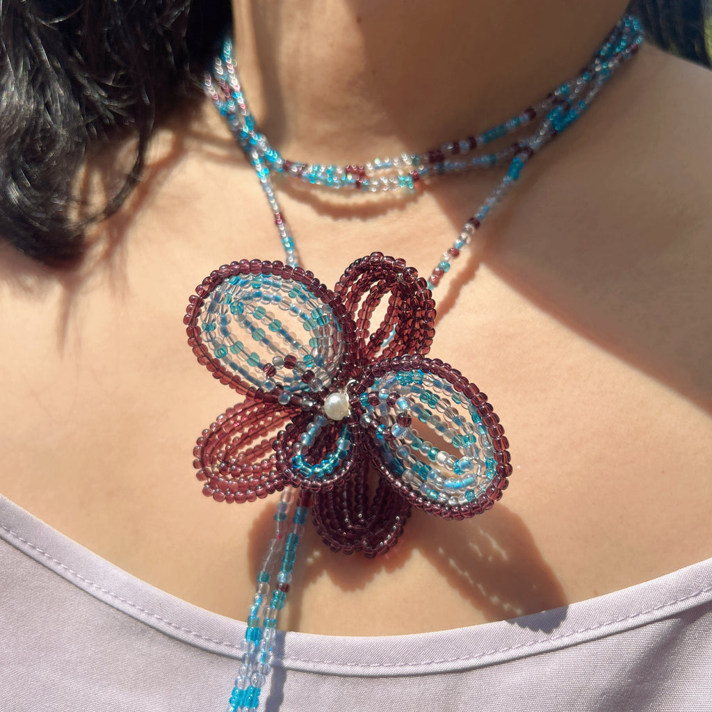 Handmade 3D Four-Petal Beaded Flower Lariat Necklace | Teal Brown Seed Bead Wearable Art