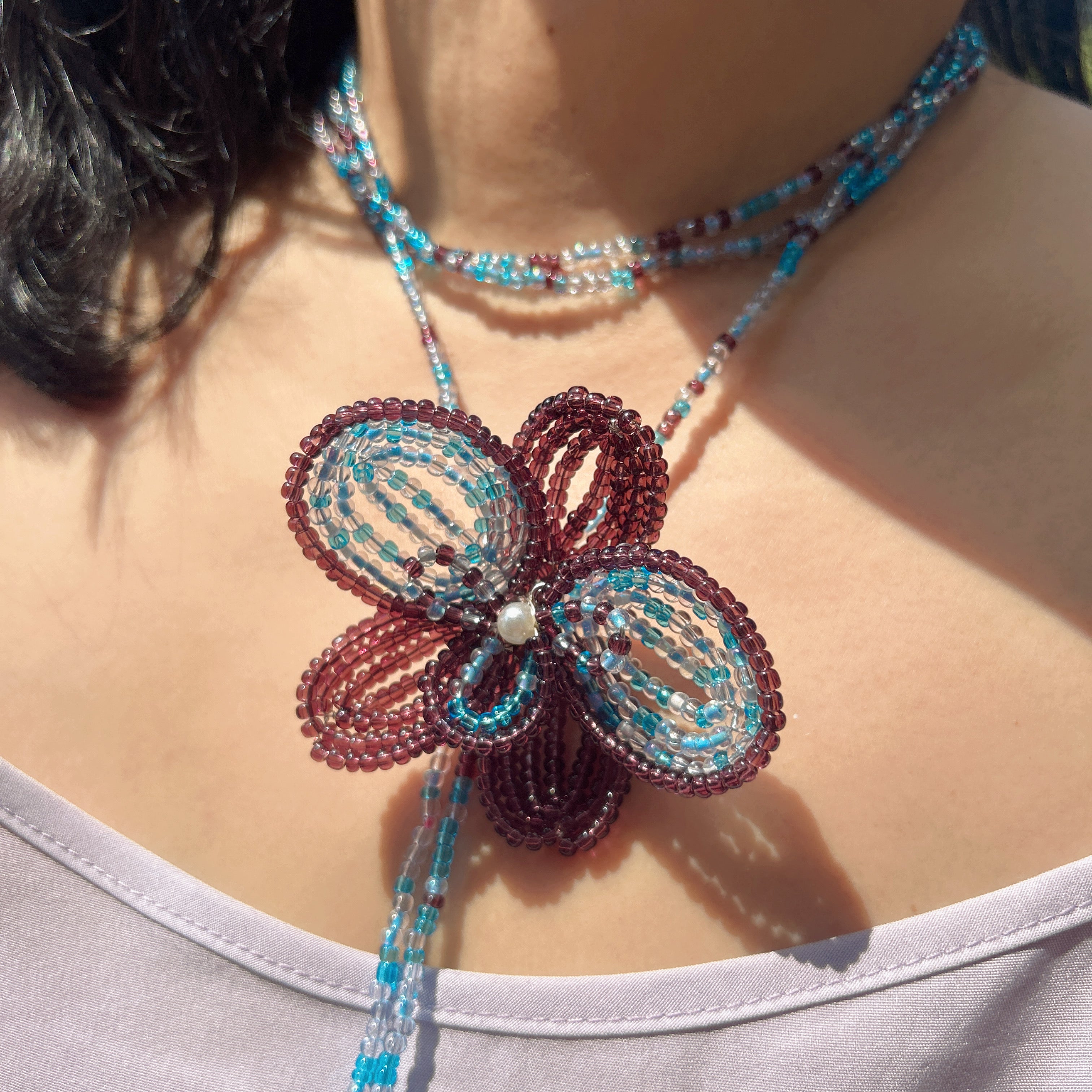 Handmade 3D Four-Petal Beaded Flower Lariat Necklace | Teal Brown Seed Bead Wearable Art