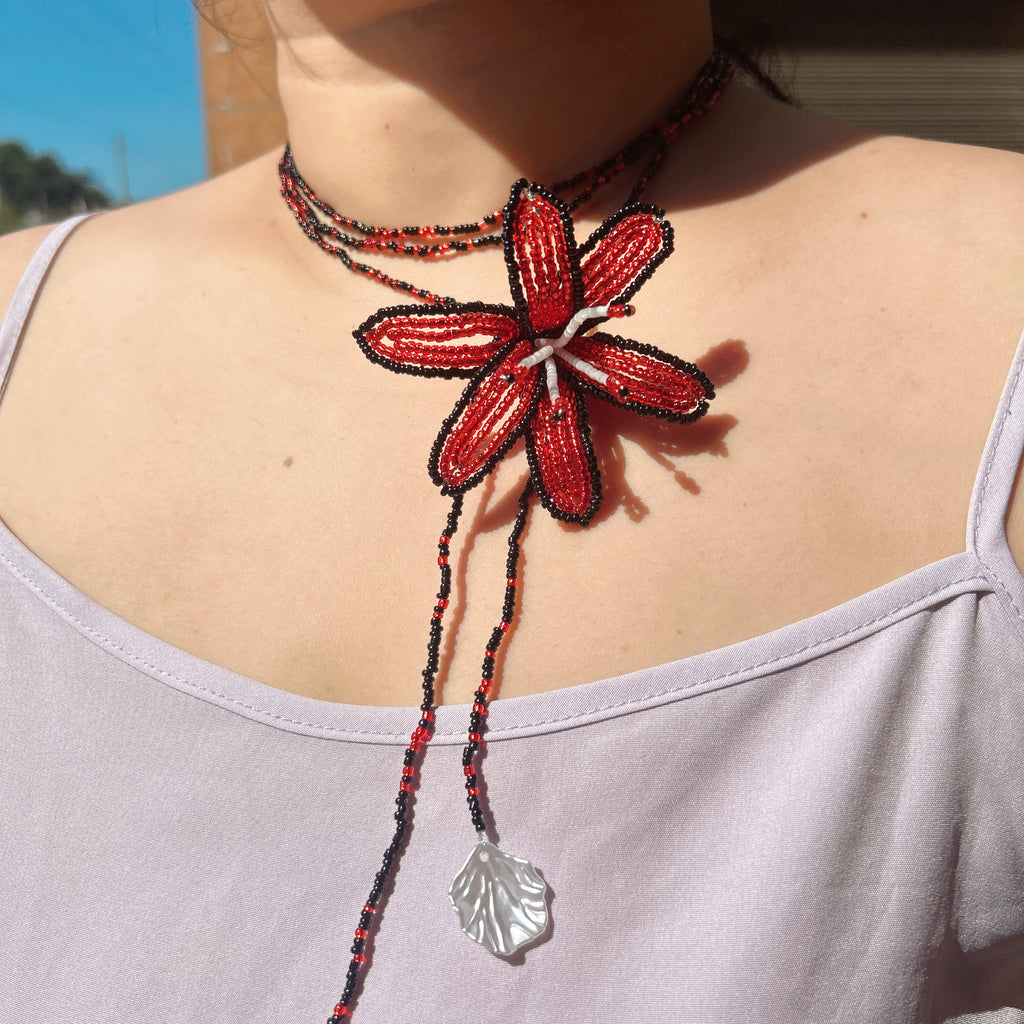 Handmade Red & Black 3D Beaded Lily Flower Lariat Necklace | Triple Shell Crystal Drop Statement