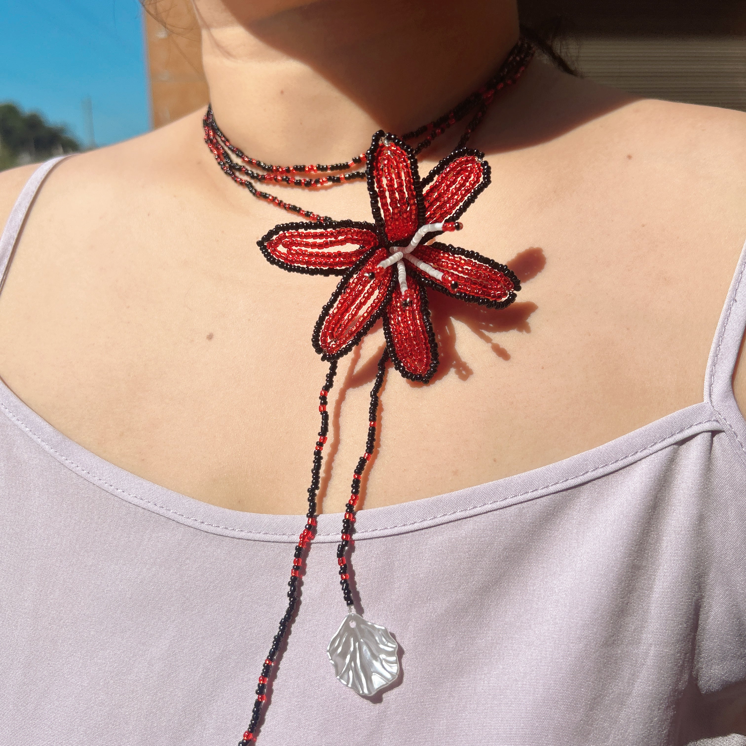 Handmade Red & Black 3D Beaded Lily Flower Lariat Necklace | Triple Shell Crystal Drop Statement