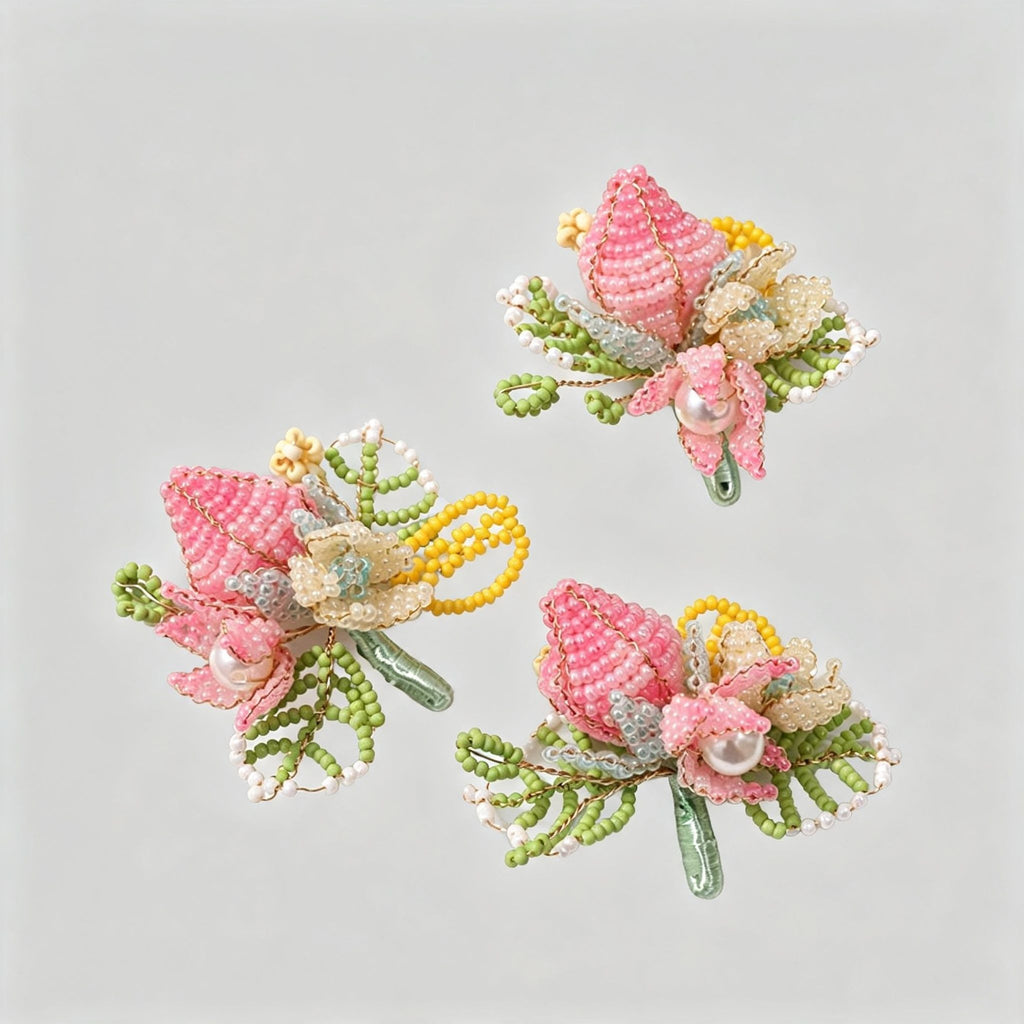 Handmade 3D Beaded Flower Bouquet Charm | DIY Keychain Necklace Pendant Pink Green Pearl Fairycore