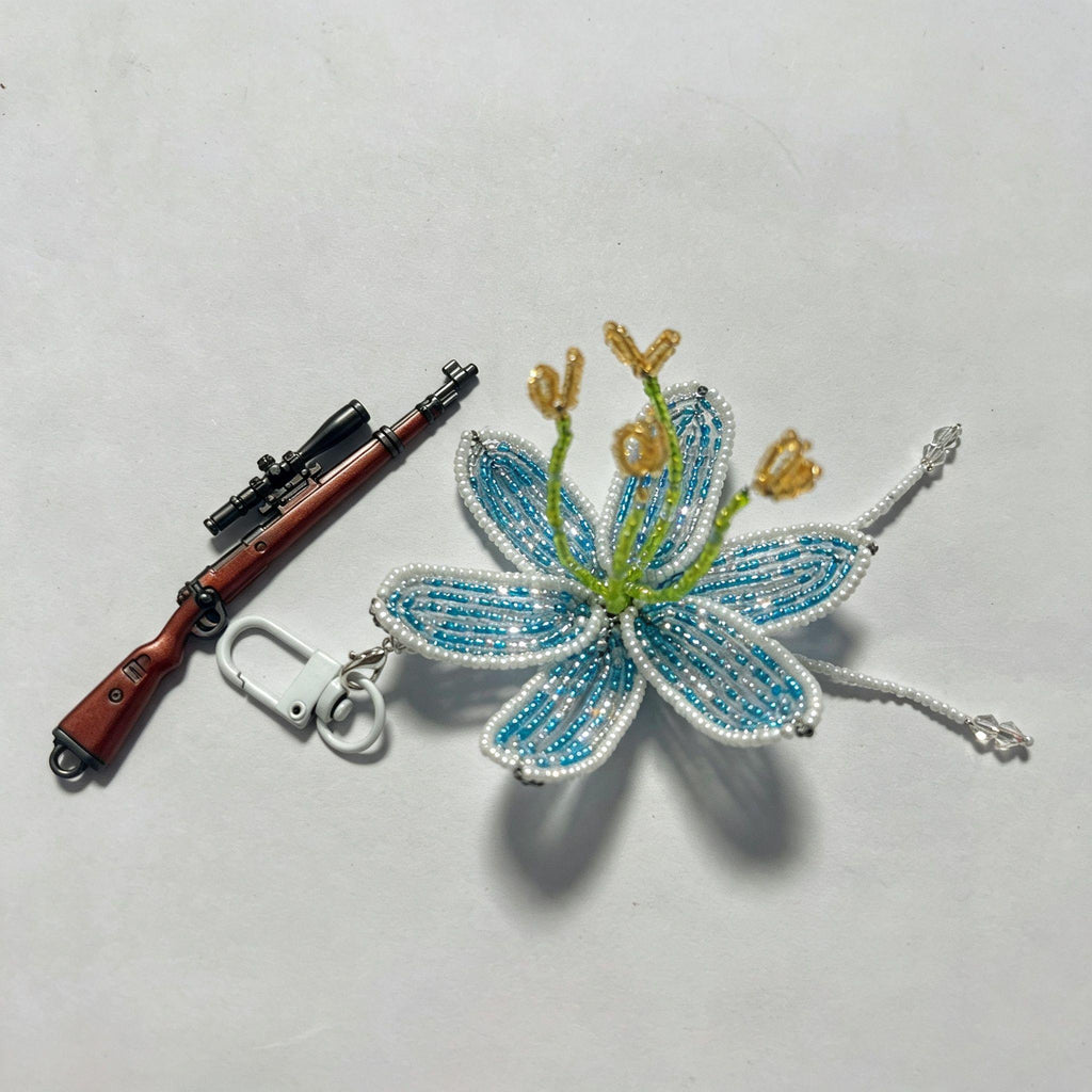 Handmade 3D Blue & White Beaded Lily Flower Keychain | Green Stem Amber Stamen Crystal Drop Bag Charm
