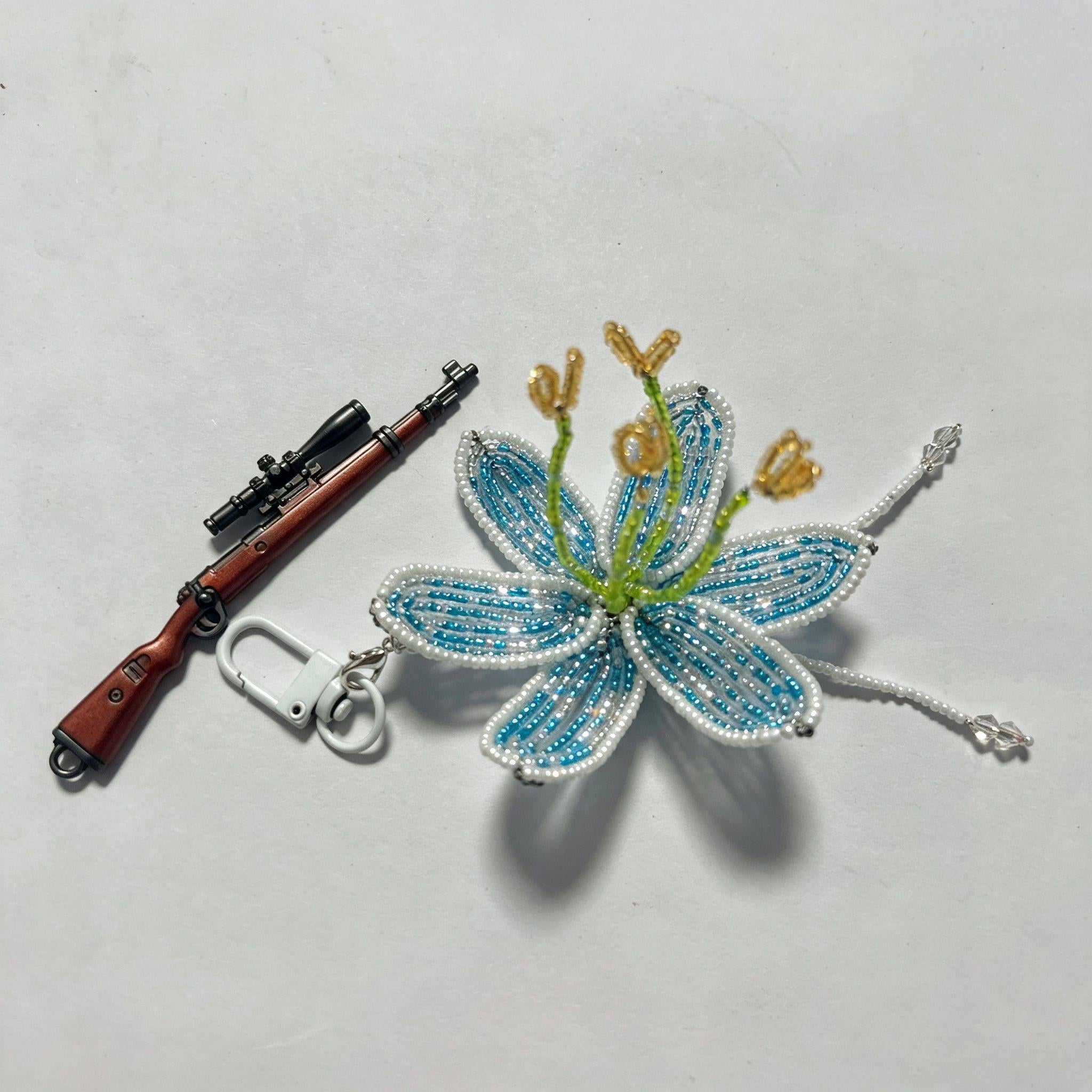 Handmade 3D Blue & White Beaded Lily Flower Keychain | Green Stem Amber Stamen Crystal Drop Bag Charm