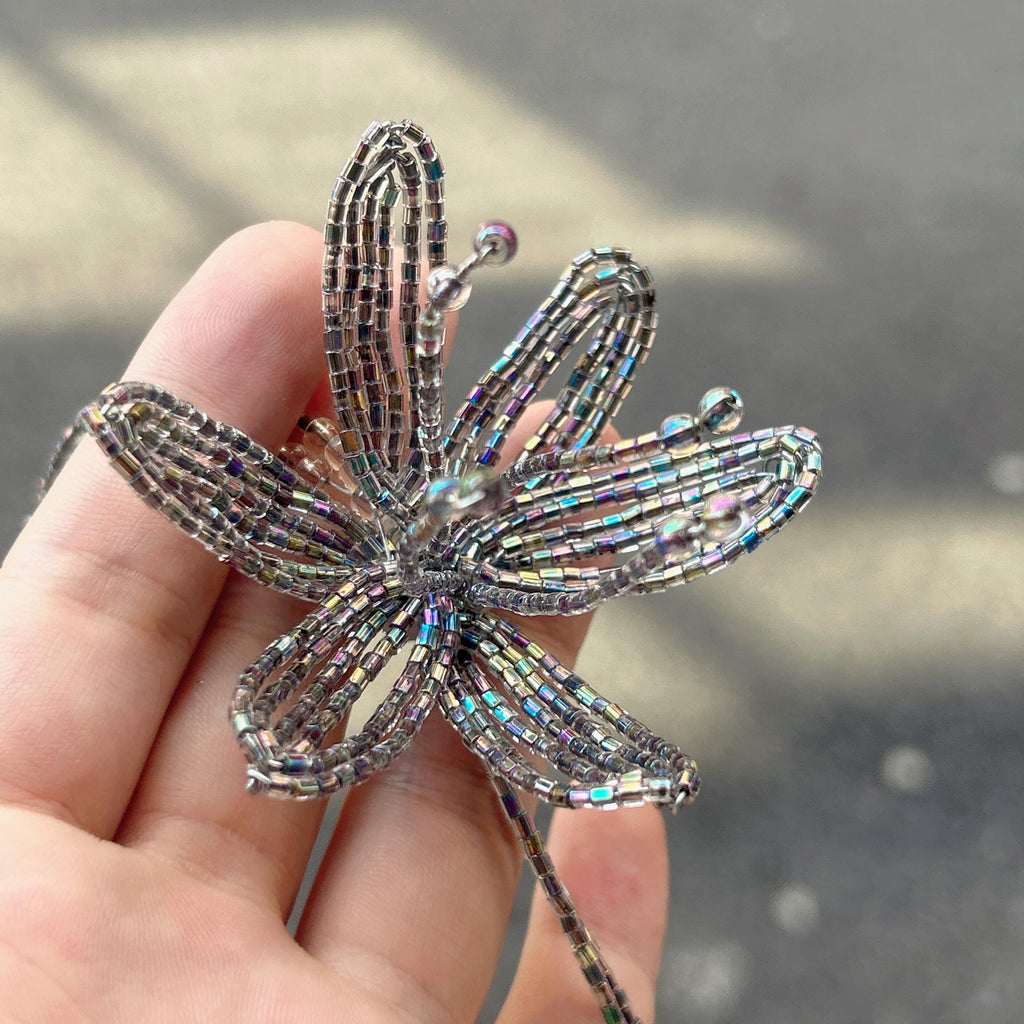 Handmade 3D Silver Aurora Iridescent Lily Flower Beaded Keychain | Metallic Rainbow Tube Bead Bag Charm