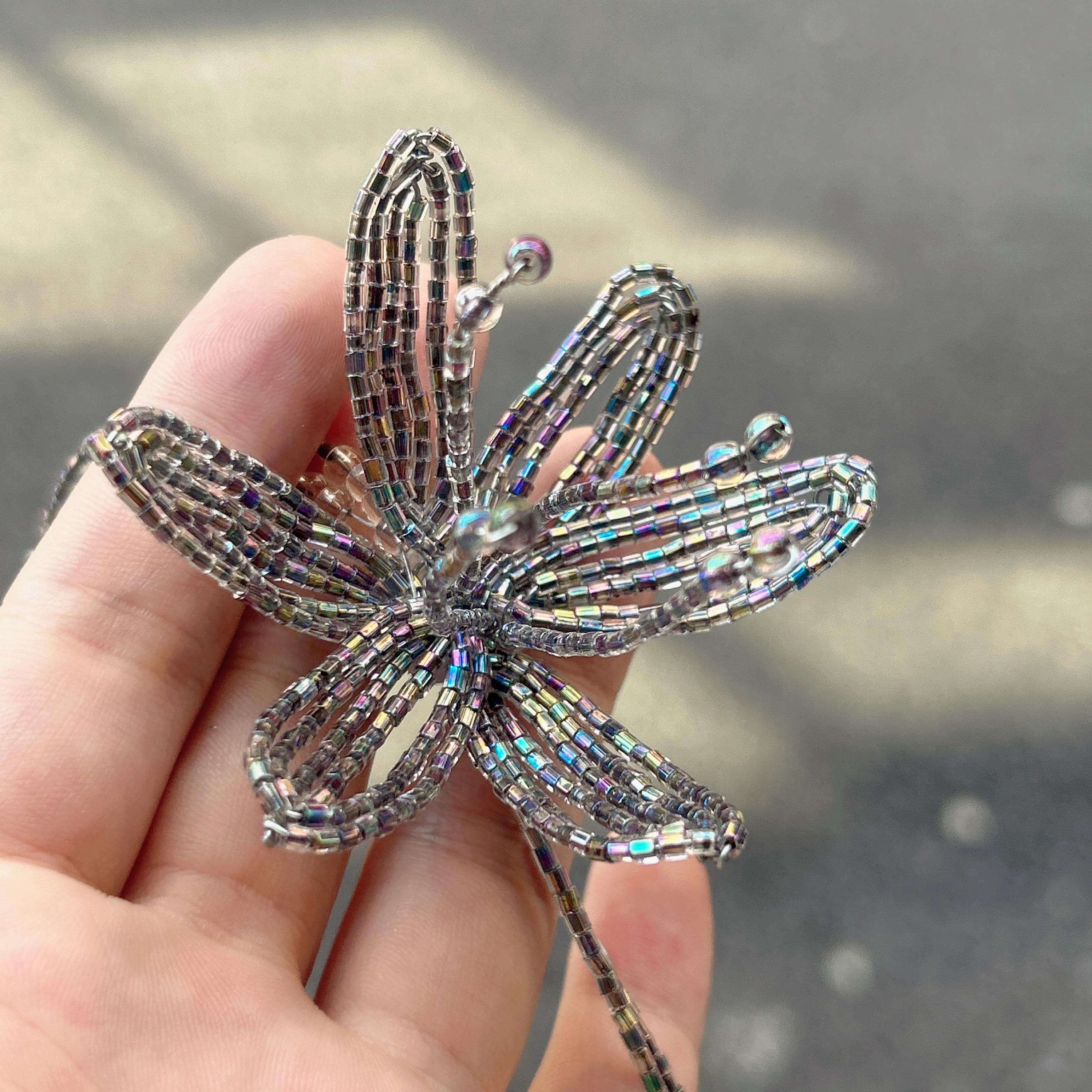 Handmade 3D Silver Aurora Iridescent Lily Flower Beaded Keychain | Metallic Rainbow Tube Bead Bag Charm