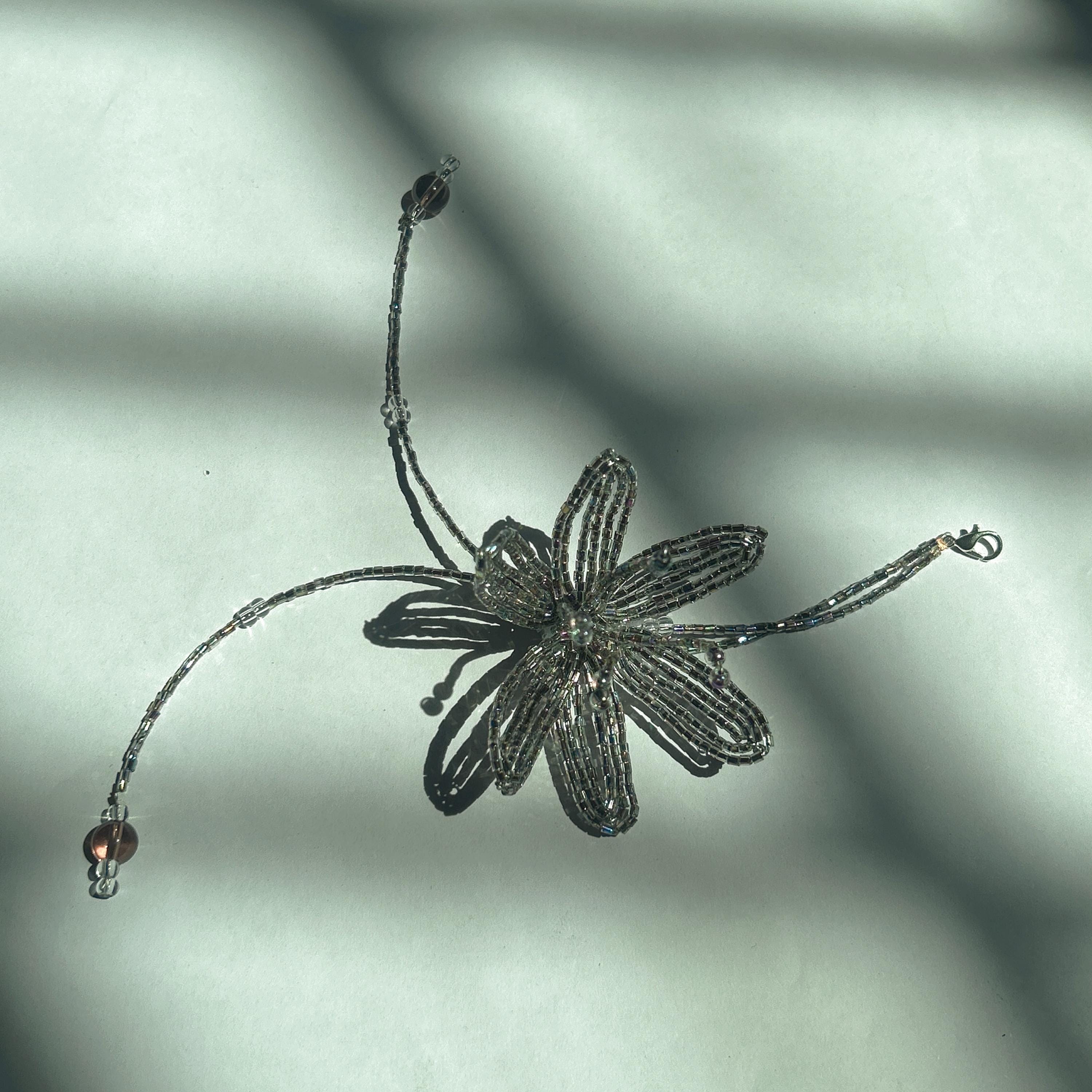 Handmade 3D Silver Aurora Iridescent Lily Flower Beaded Keychain | Metallic Rainbow Tube Bead Bag Charm