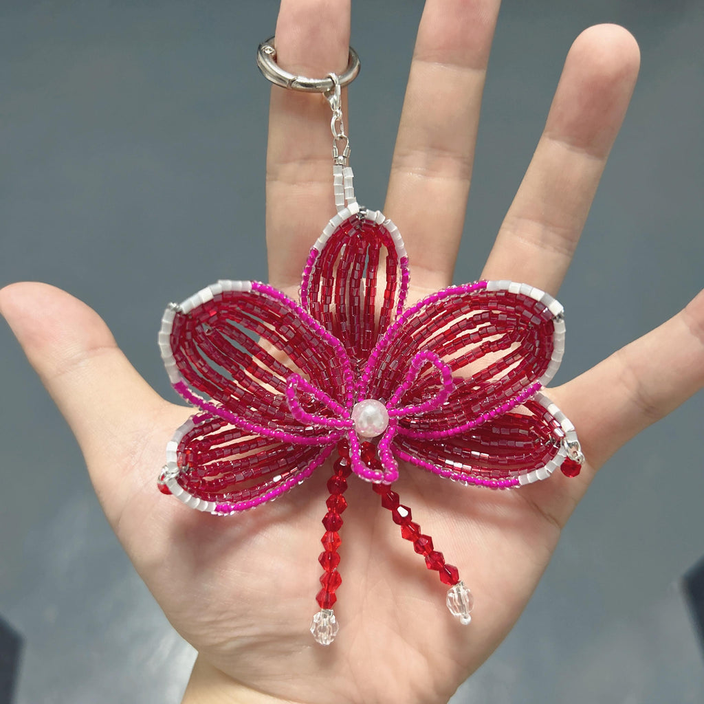Handmade 3D Crimson & Rose Orchid Beaded Keychain | Pearl Center Red Crystal Tassel Bag Charm Statement