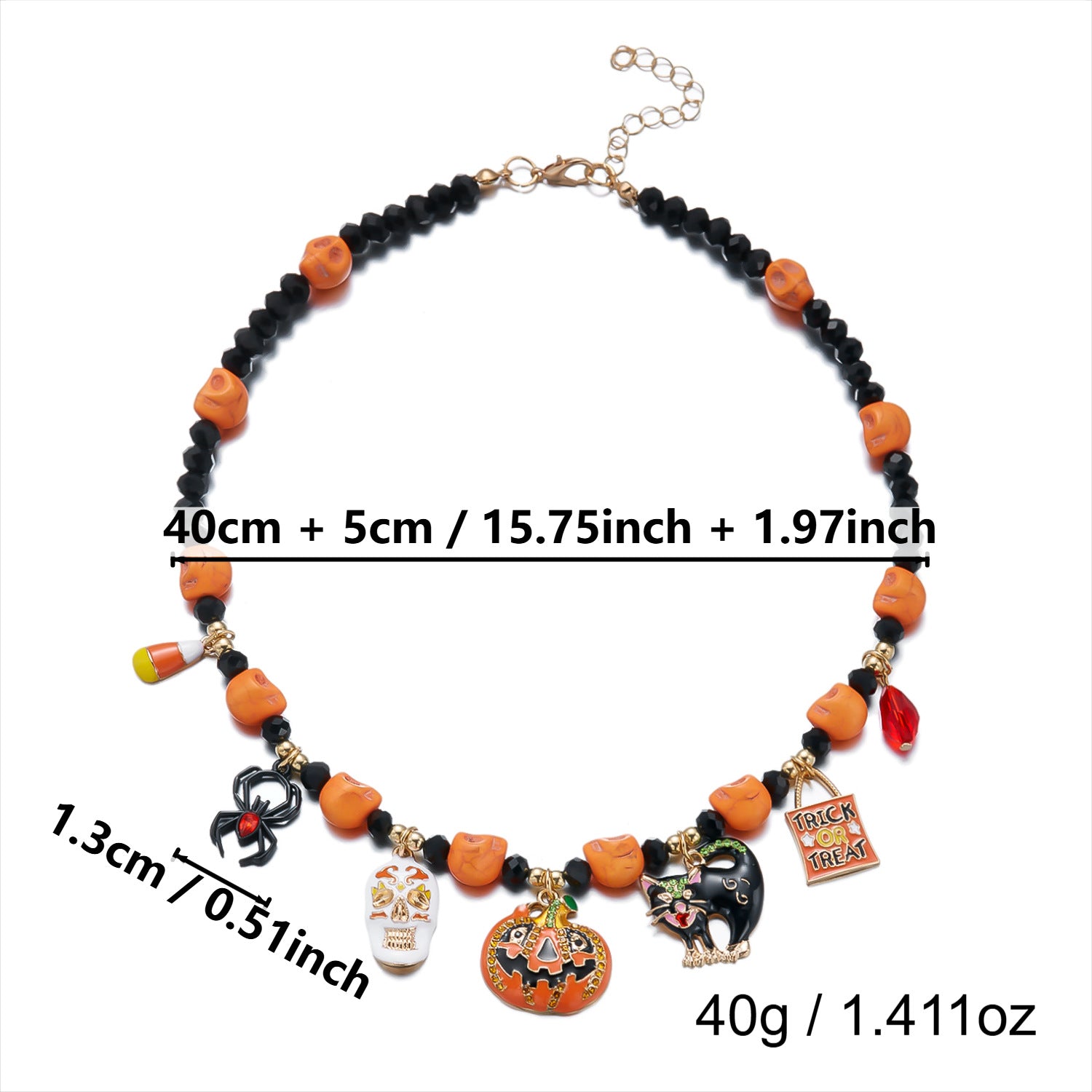 Halloween Pumpkin Skull Black Cat Charm Beaded Necklace | Orange Bead Black Crystal Trick or Treat Halloween Jewelry