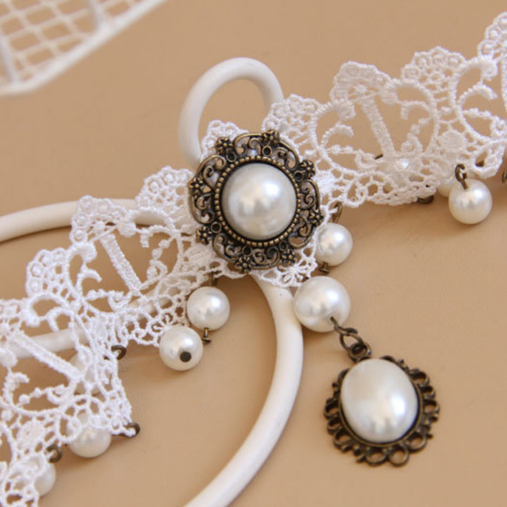 Victorian White Lace Pearl Choker Necklace | Antique Bronze Pearl Drop & Oval Pearl Pendant Bridal Lolita Fairycore Jewelry