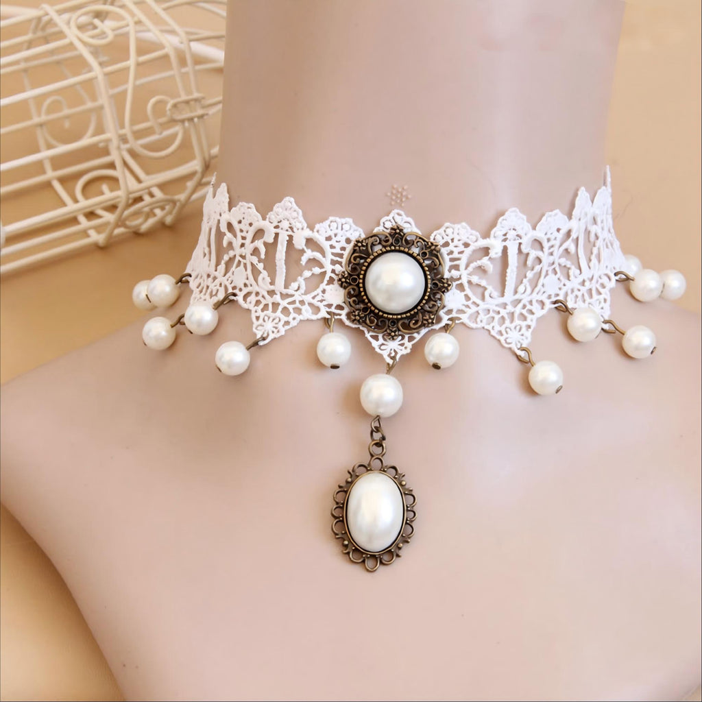 Victorian White Lace Pearl Choker Necklace | Antique Bronze Pearl Drop & Oval Pearl Pendant Bridal Lolita Fairycore Jewelry
