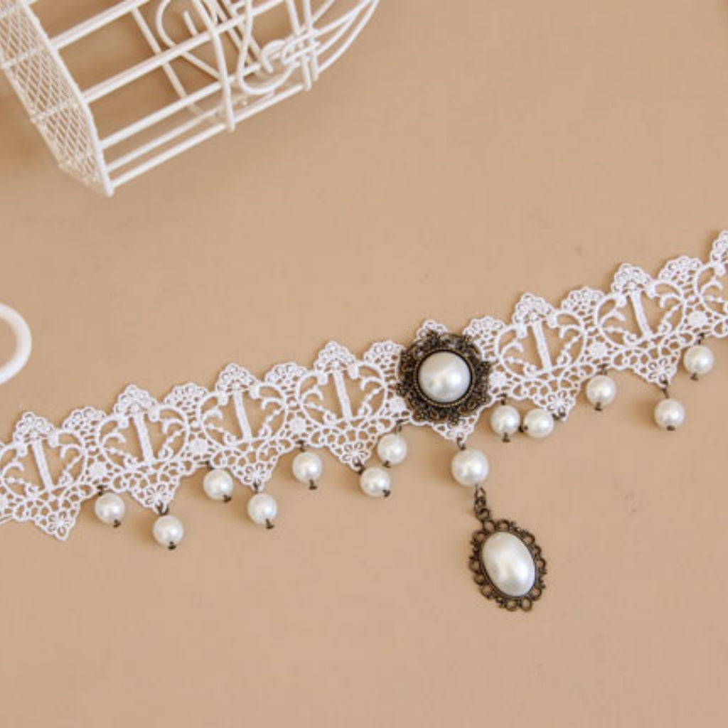 Victorian White Lace Pearl Choker Necklace | Antique Bronze Pearl Drop & Oval Pearl Pendant Bridal Lolita Fairycore Jewelry