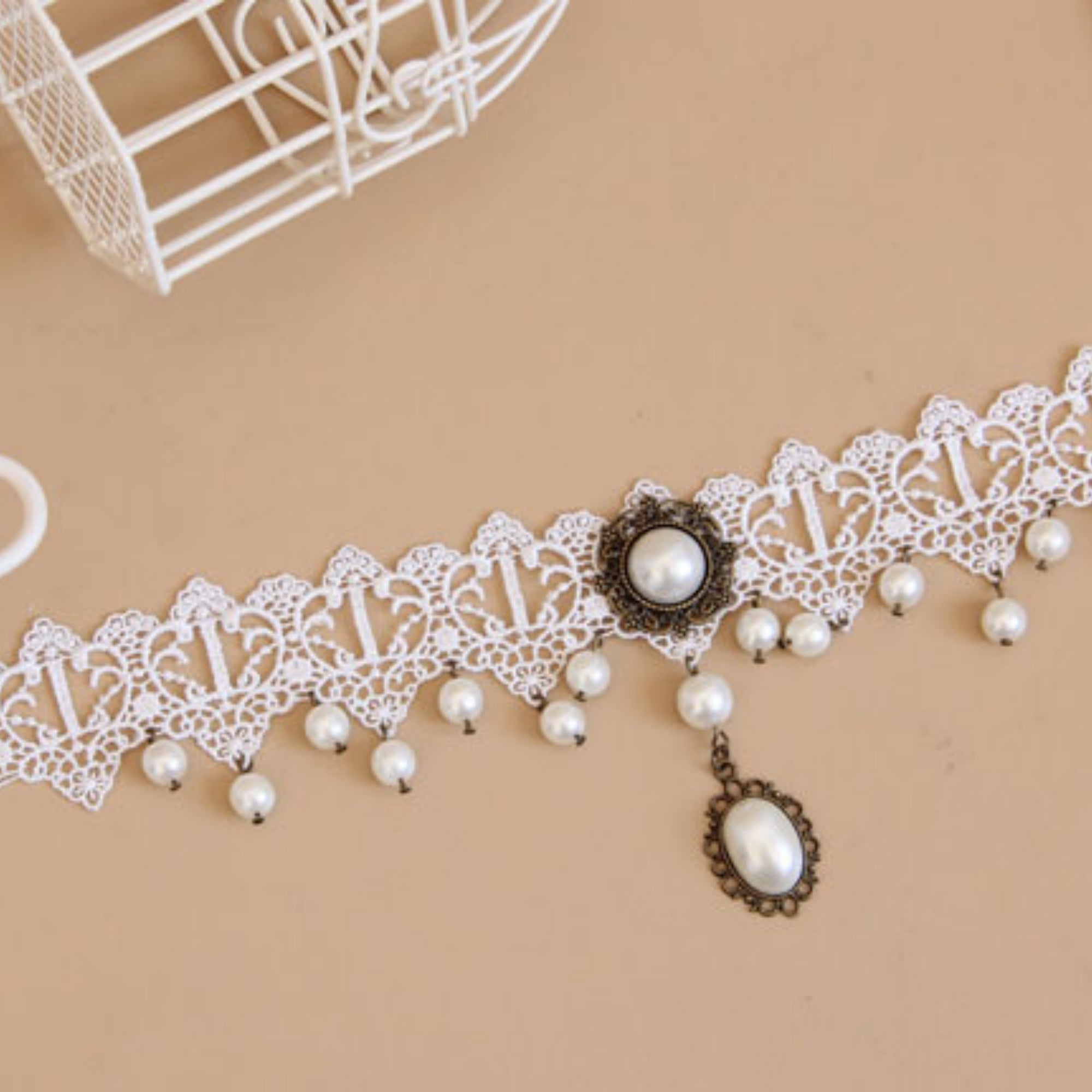 Victorian White Lace Pearl Choker Necklace | Antique Bronze Pearl Drop & Oval Pearl Pendant Bridal Lolita Fairycore Jewelry