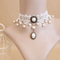 Victorian White Lace Pearl Choker Necklace | Antique Bronze Pearl Drop & Oval Pearl Pendant Bridal Lolita Fairycore Jewelry