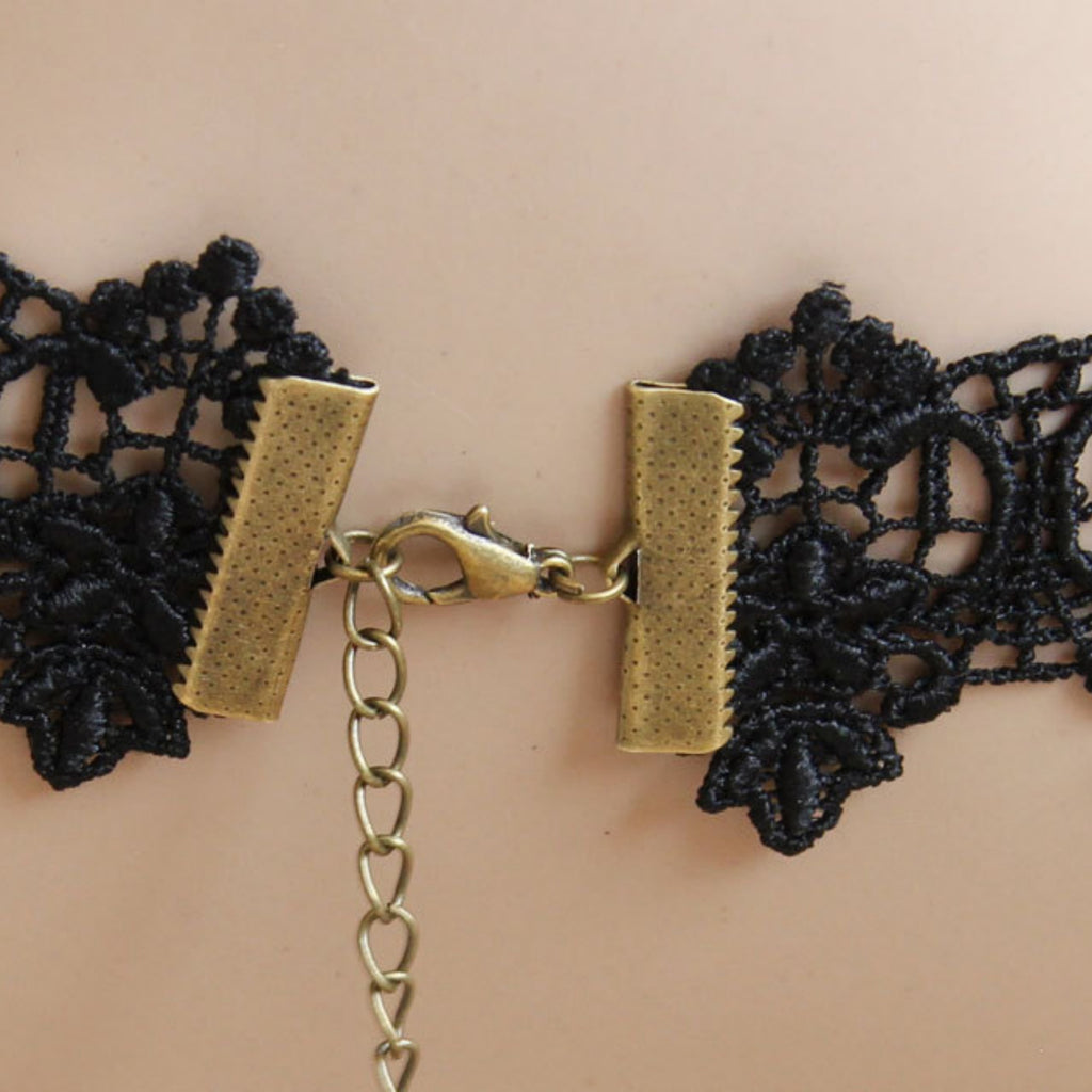 Victorian Gothic Black Lace Choker Necklace | Angel Wing Heart Chain Black Gem Crown Teardrop Drop Dark Romance Halloween Jewelry