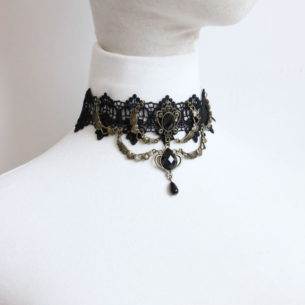 Victorian Gothic Black Lace Choker Necklace | Angel Wing Heart Chain Black Gem Crown Teardrop Drop Dark Romance Halloween Jewelry